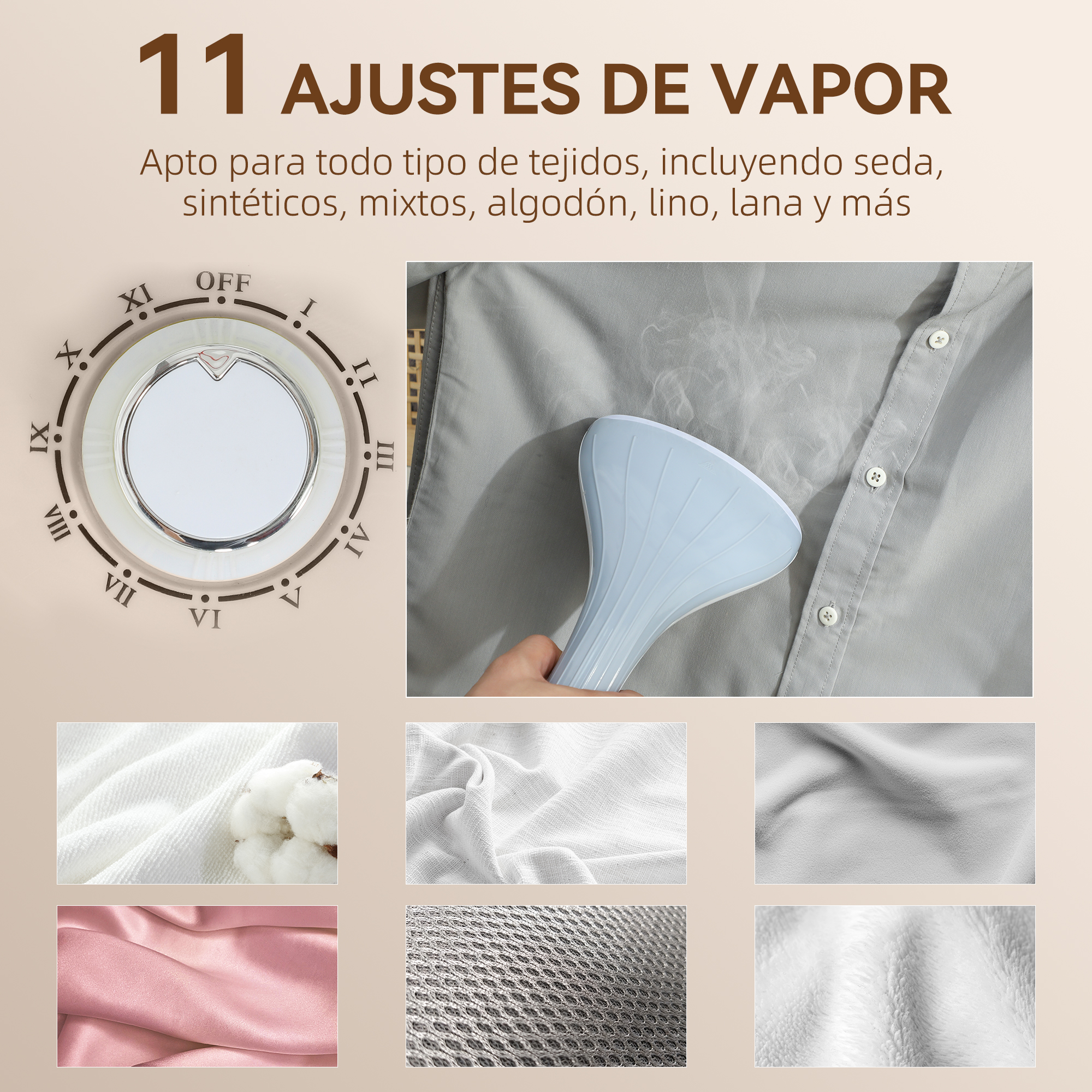 Plancha de vapor con 11 ajustes para varias telas.