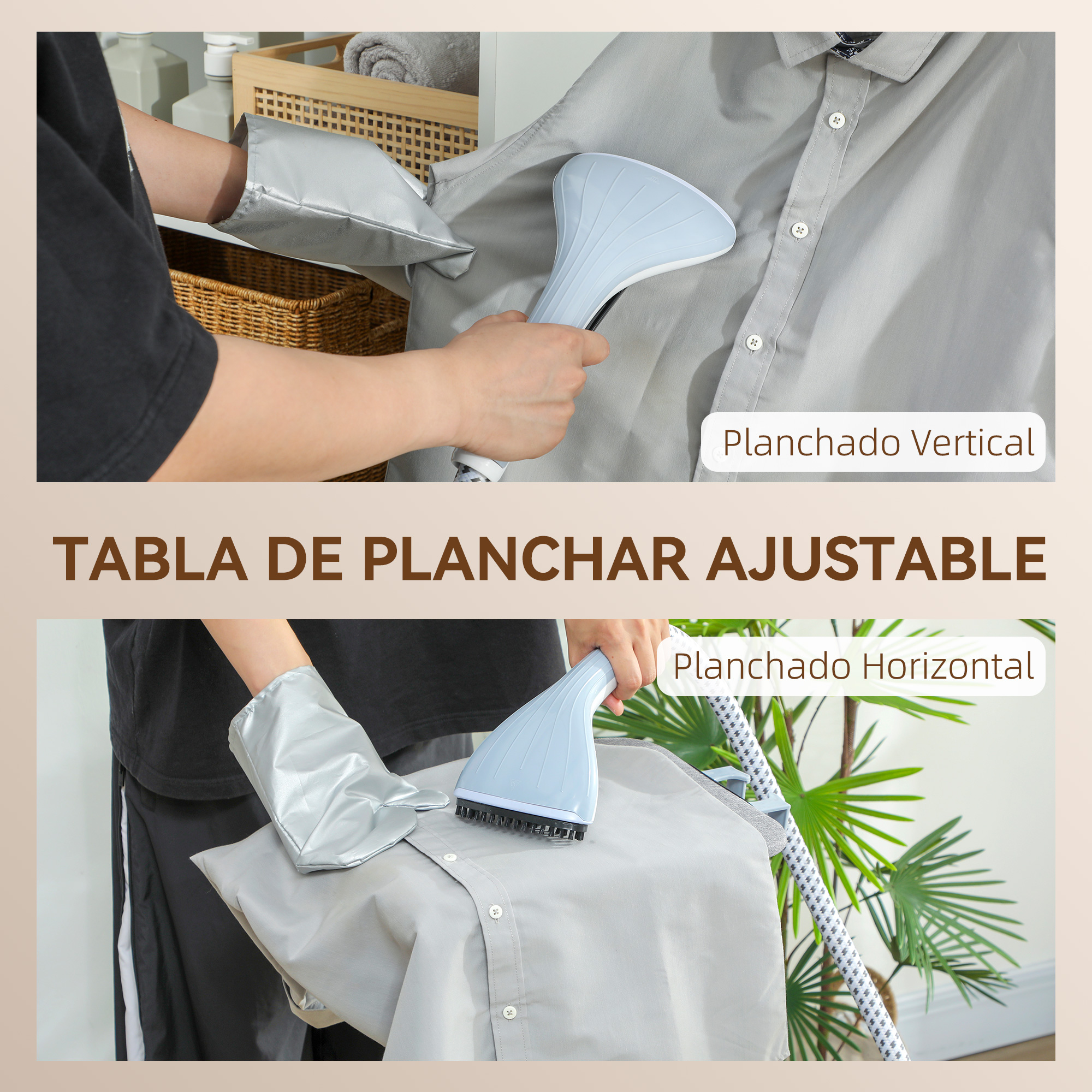 Persona plancha camisa vertical y horizontalmente con mano y vapor.