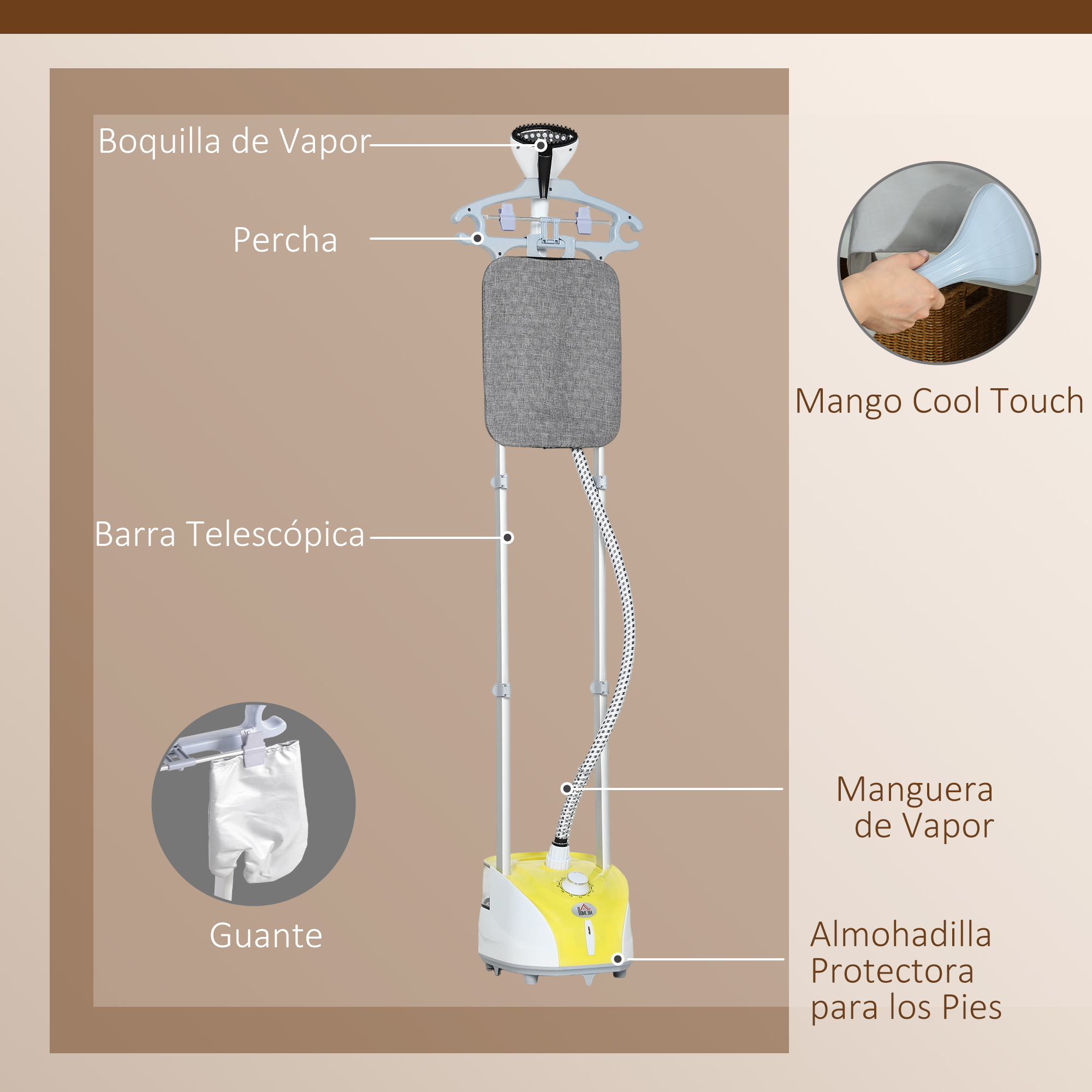 Un vaporizador de ropa con percha, barra telescópica, manguera, guante y mango frío.