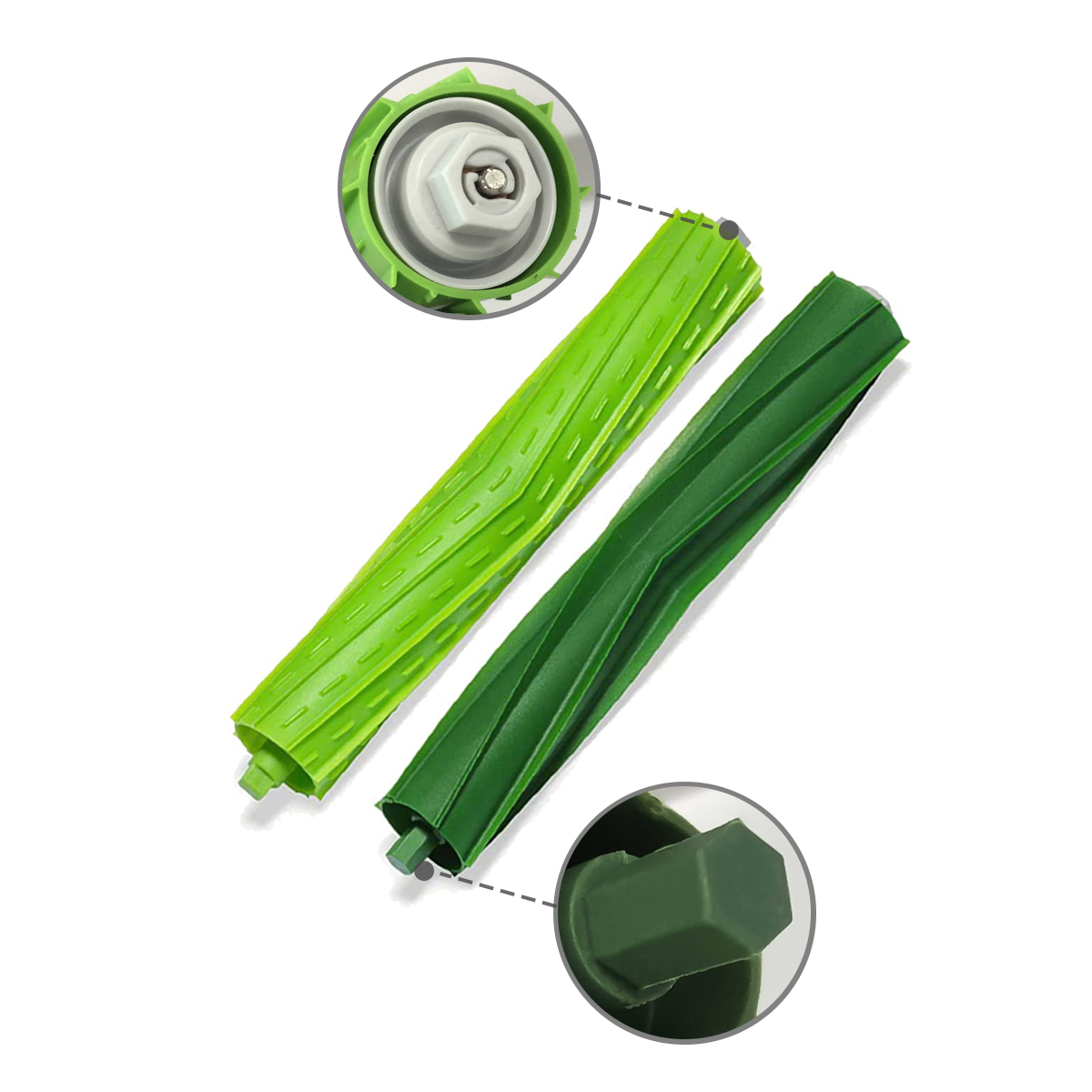 Dwa zielone szczotki do robota odkurzającego na białym tle.