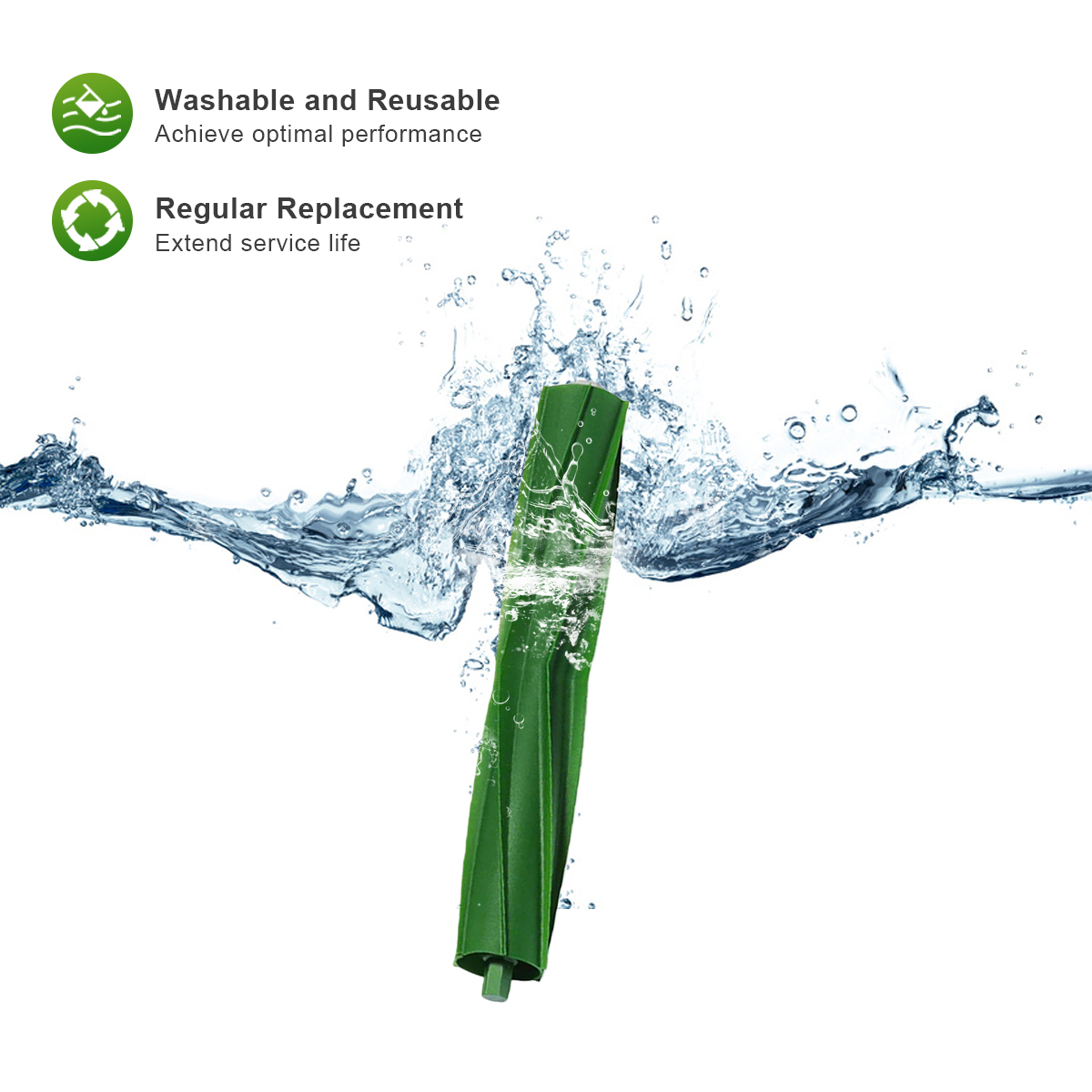 Zielona szczotka z pluskiem wody i polami tekstowymi: 'Zmywalna i wielokrotnego użytku'.