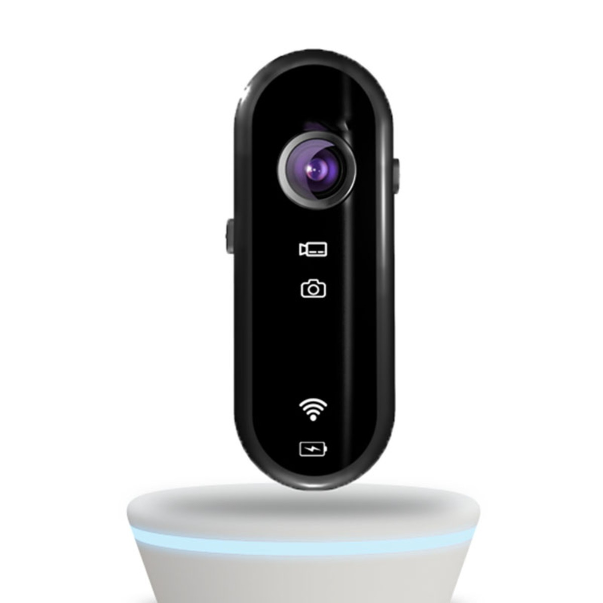 Kompakte schwarze Kamera mit Linse, Videosymbol, Kamerasymbol, WLAN-Symbol und Akkusymbol.