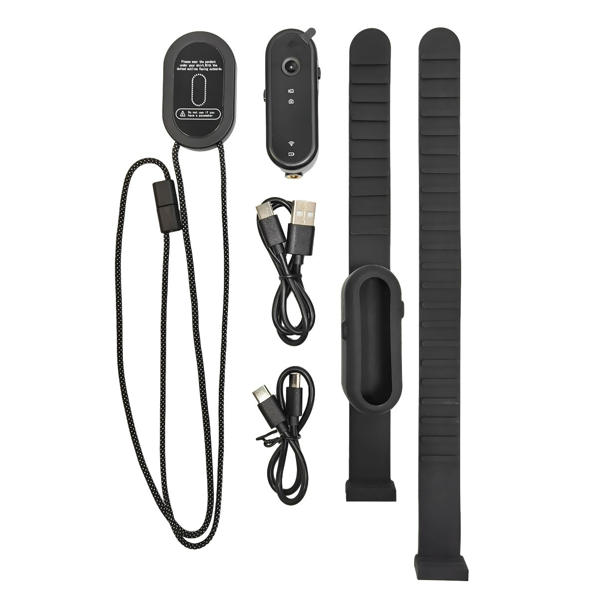 Schwarze elektronische Geräte und Zubehör, darunter ein Anhänger, Kamera, Kabel und Armbänder.
