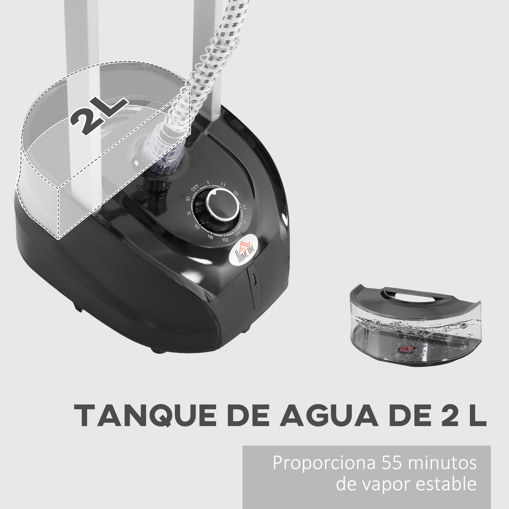 Una plancha de vapor negra con un tanque de agua de 2L y un tanque separado.