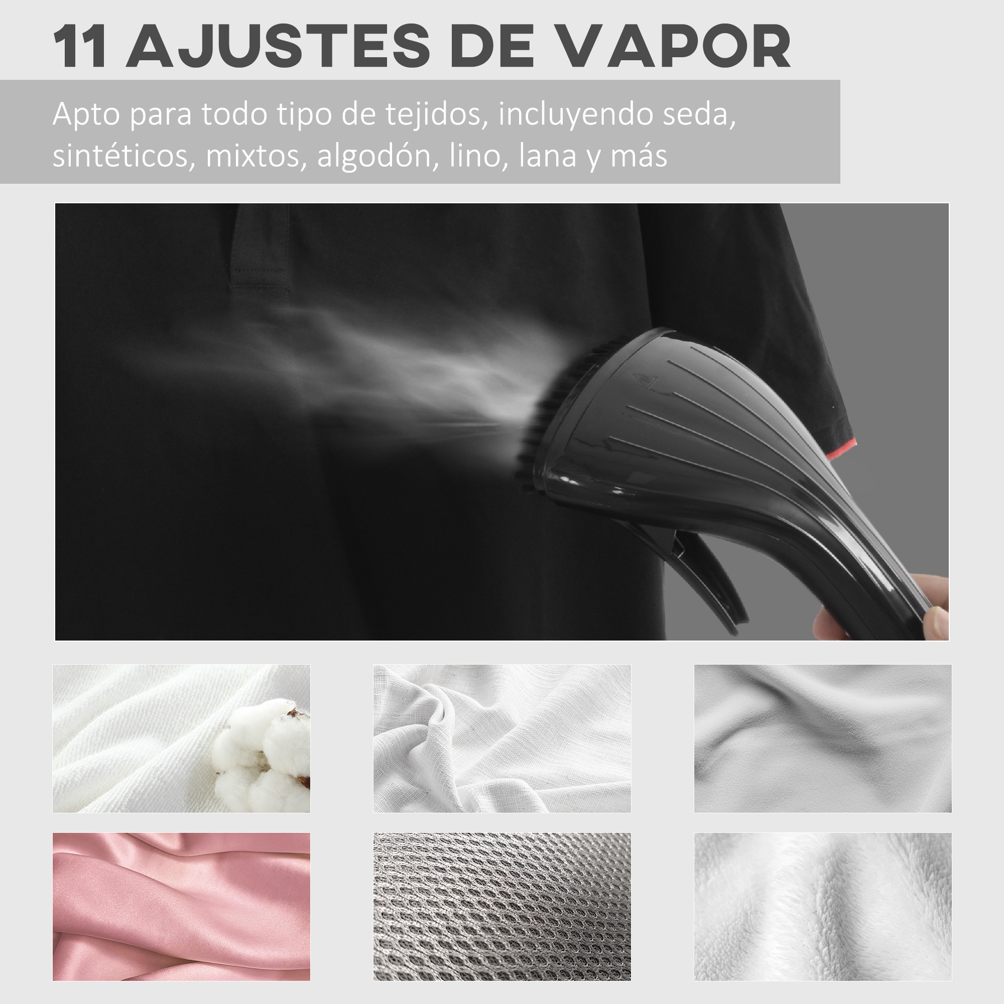 Una plancha de vapor rocía vapor sobre una camisa negra, rodeada de texturas de tela.