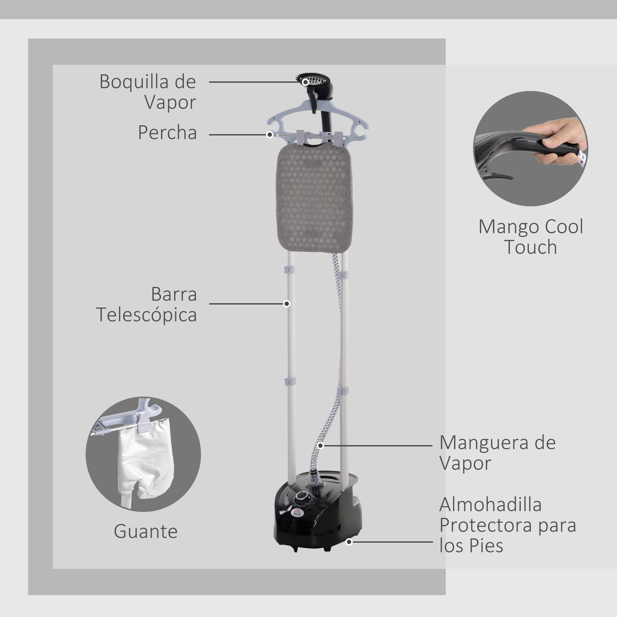 Centrifugadora de ropa con barra telescópica, percha, boquilla de vapor y guante.