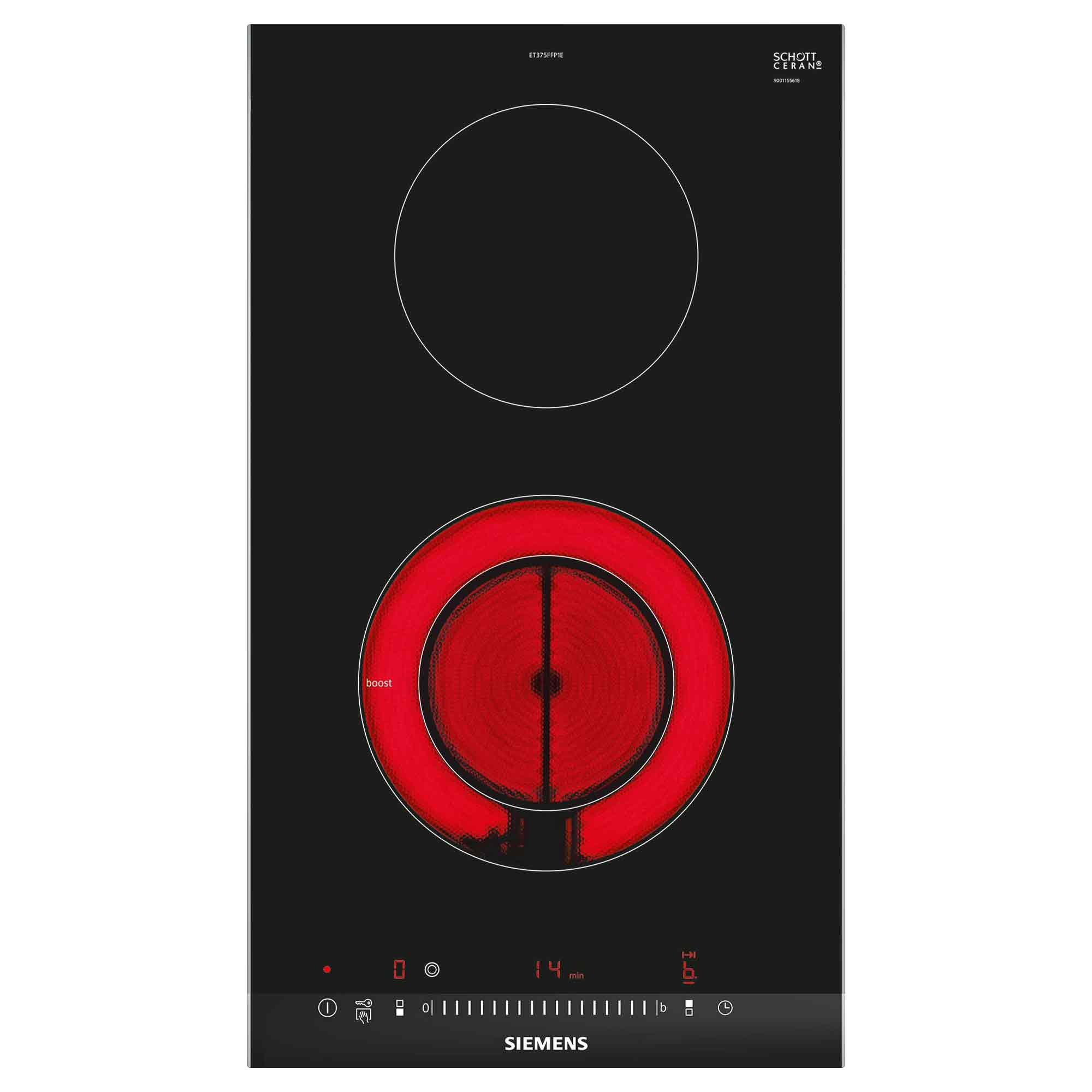 Czarna płyta ceramiczna z dwoma strefami gotowania, jedna świeci na czerwono.