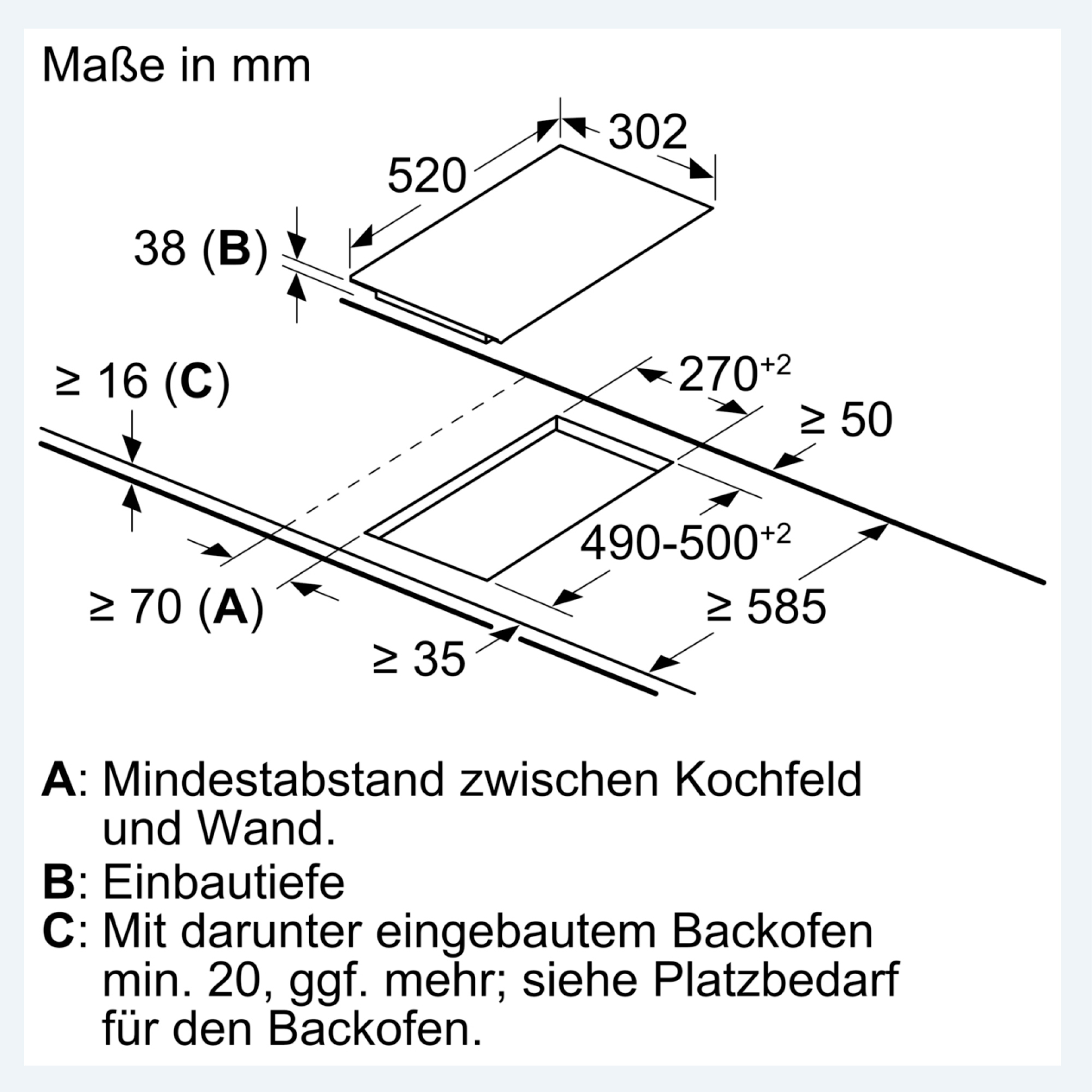 Technische Zeichnung mit Maßen in mm für Einbaugeräte.