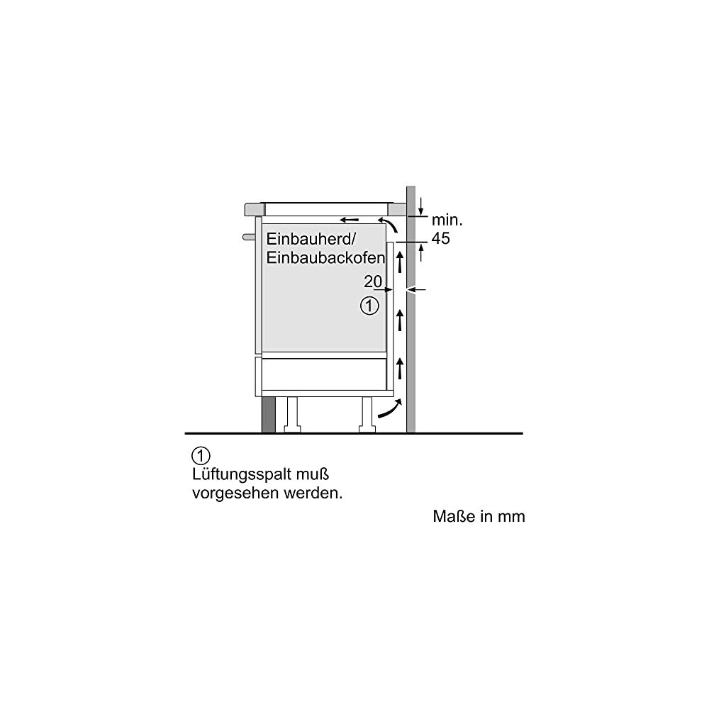 Plaque/four encastrable avec espace de ventilation et dimensions en mm.