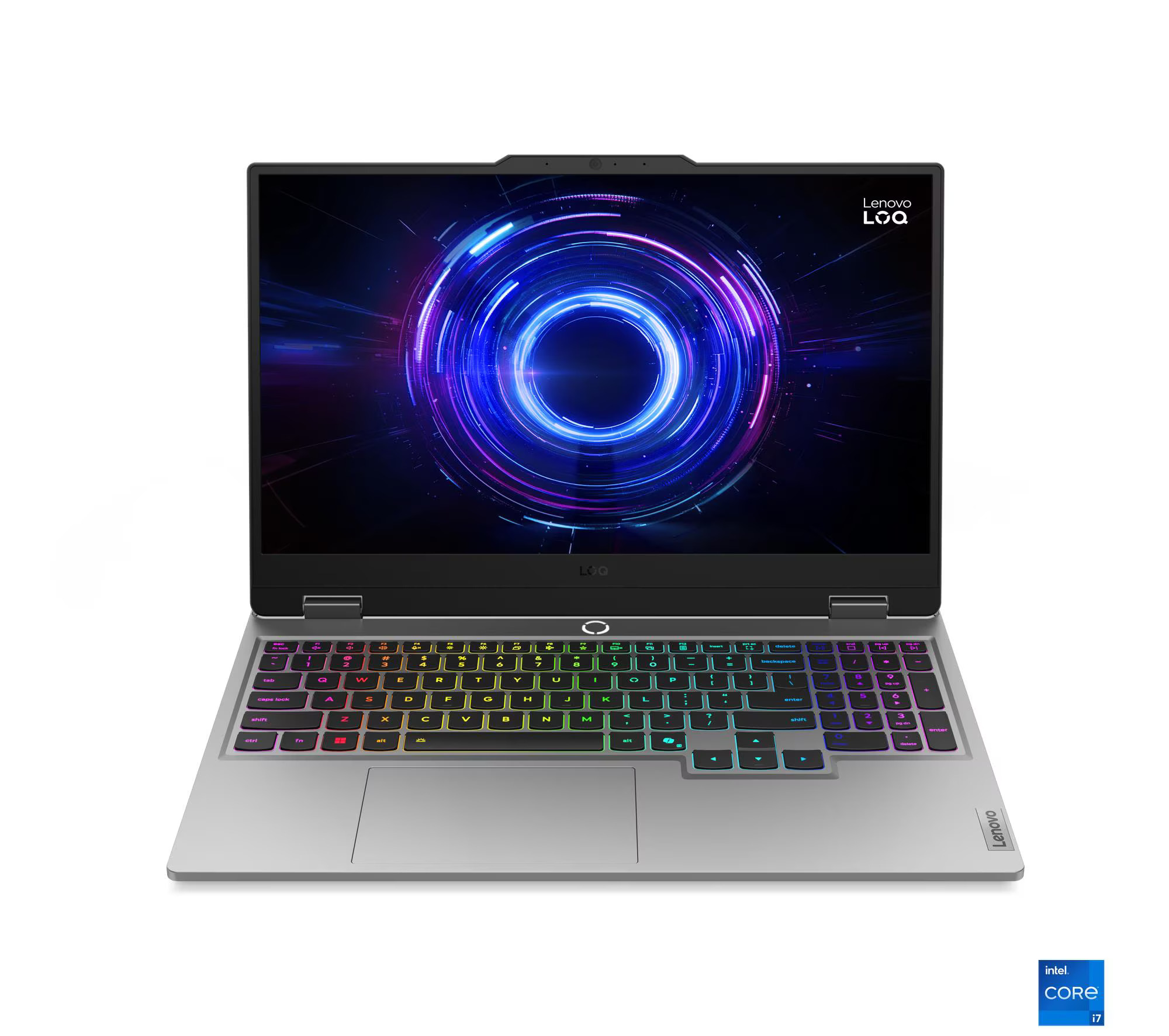 Ekranında renkli, dairesel grafik bulunan gümüş rengi Lenovo LOQ dizüstü bilgisayar.