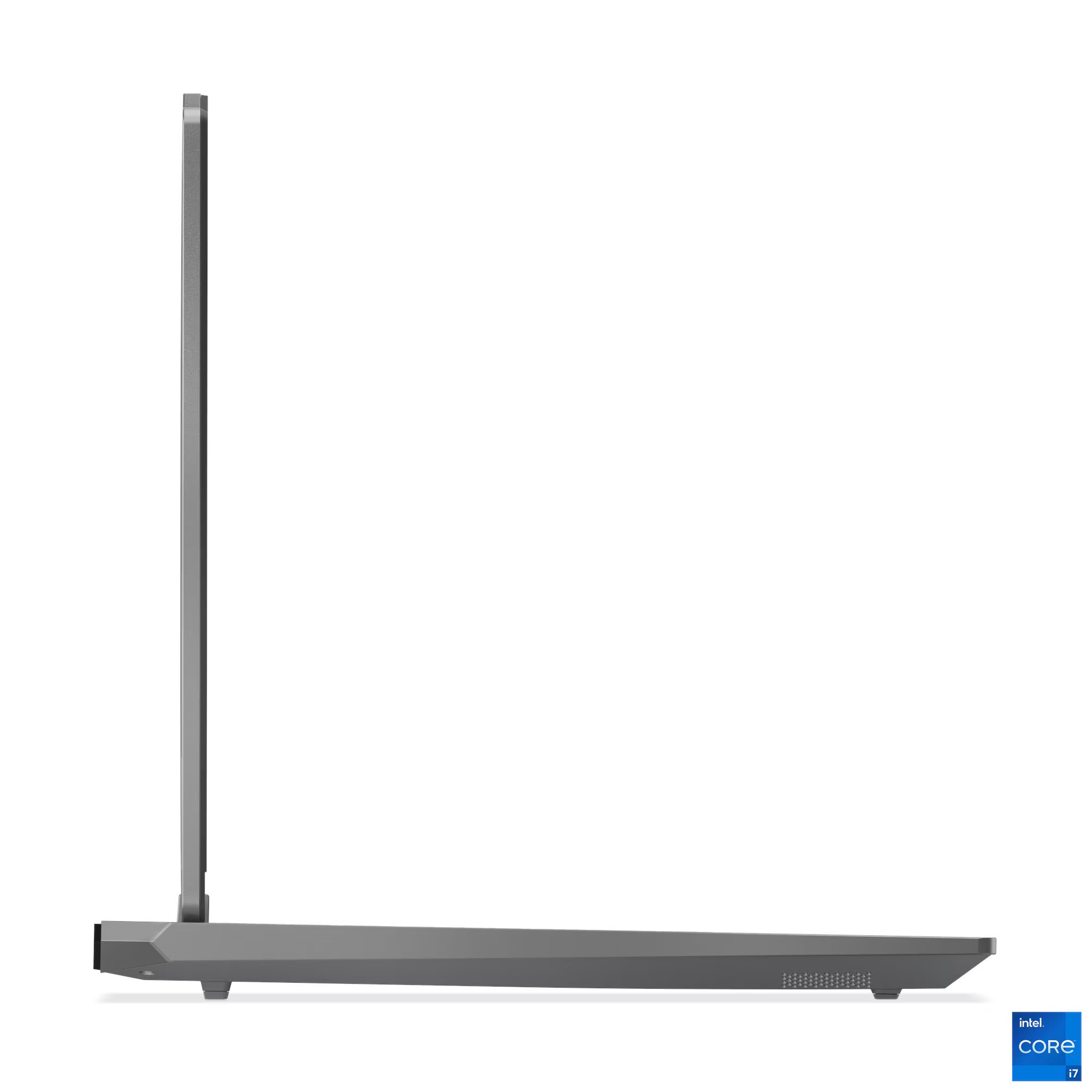 Intel Core i7 logosu bulunan gri laptop profili beyaz zeminde.