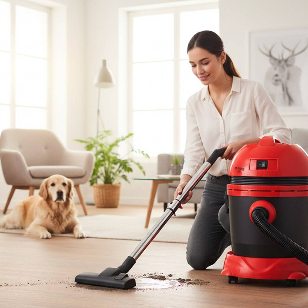 Kadın kırmızı ıslak/kuru süpürgeyle kir süpürüyor, köpek yakında.