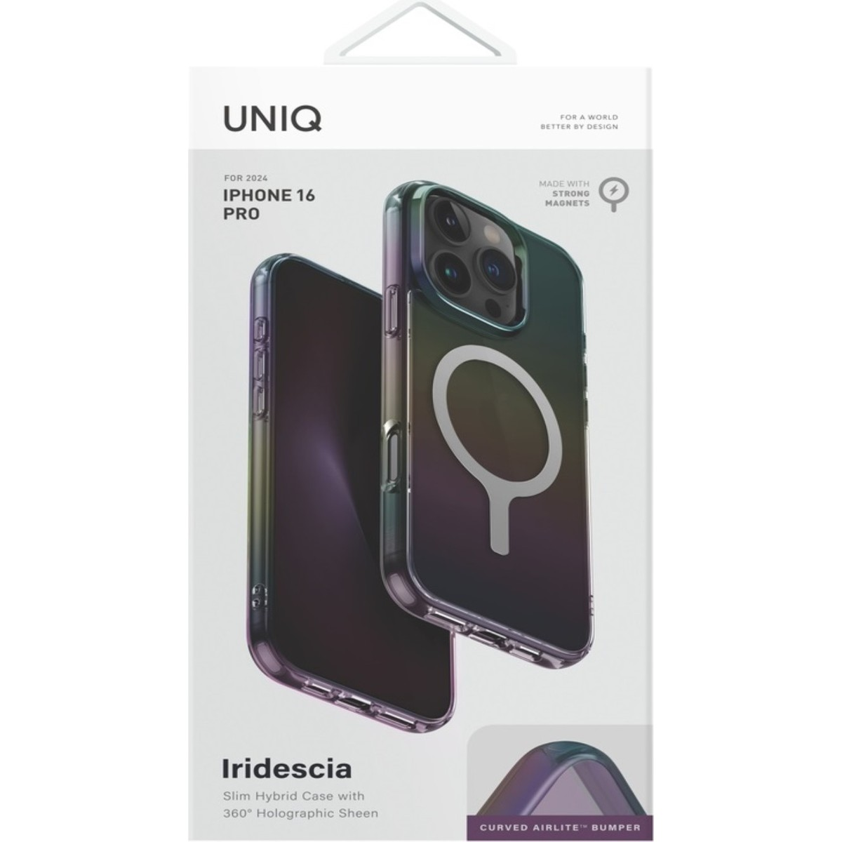 Holografik parlaklığa ve mıknatıslara sahip iPhone 16 Pro kılıfı ambalajı.