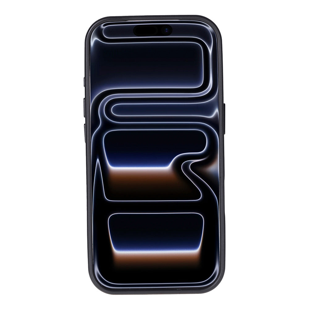 Ekranında soyut dalgalı desen gösteren siyah bir iPhone.