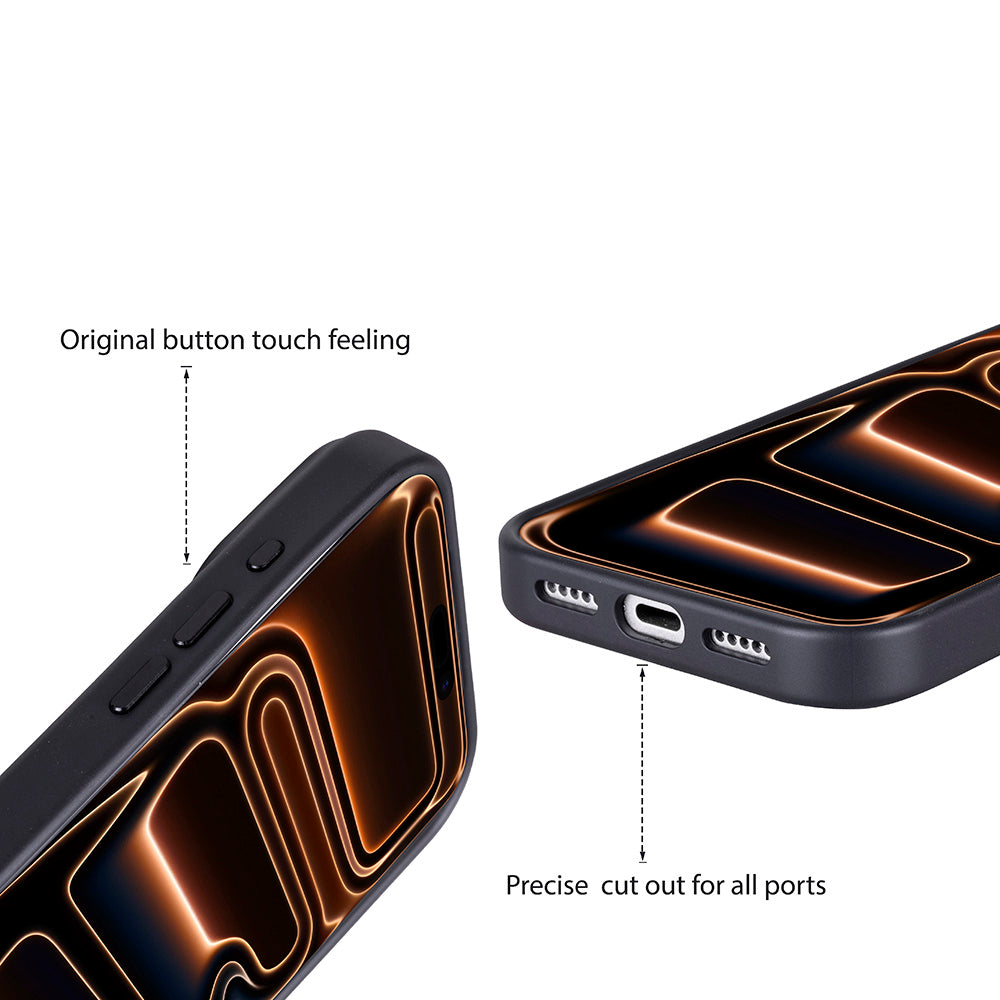 Hassas kesimli ve düğmeli siyah telefon kılıfı.