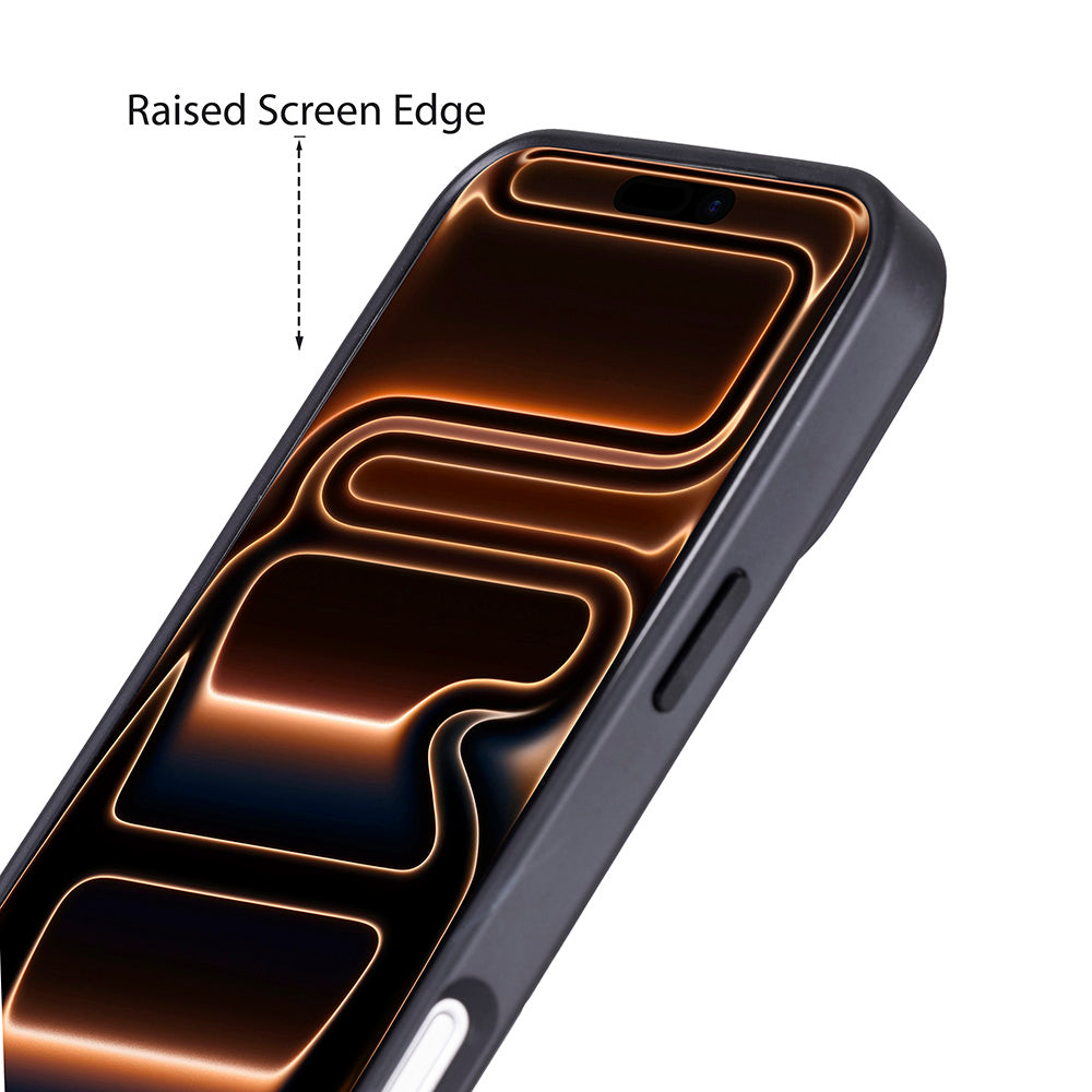 Ekranı koruyan yükseltilmiş kenarlı koyu gri telefon kılıfı.
