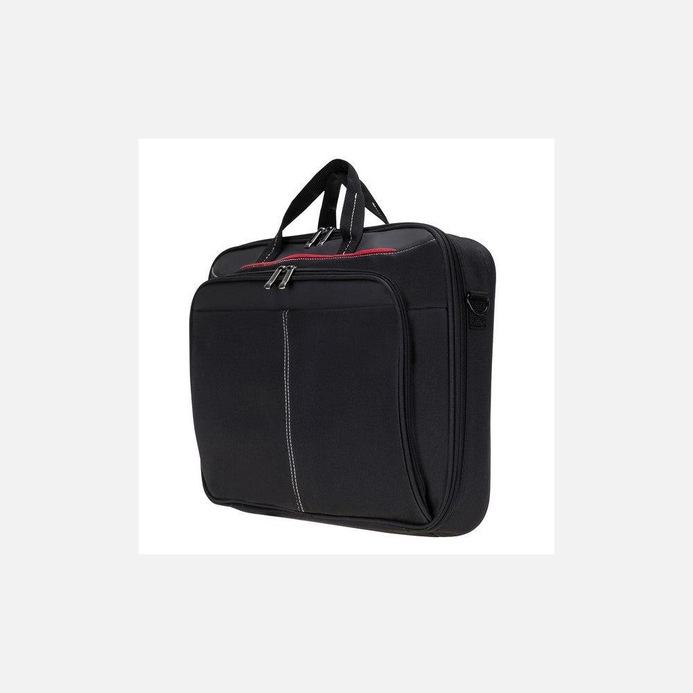 Kırmızı aksanlı ve beyaz dikişli siyah laptop çantası.