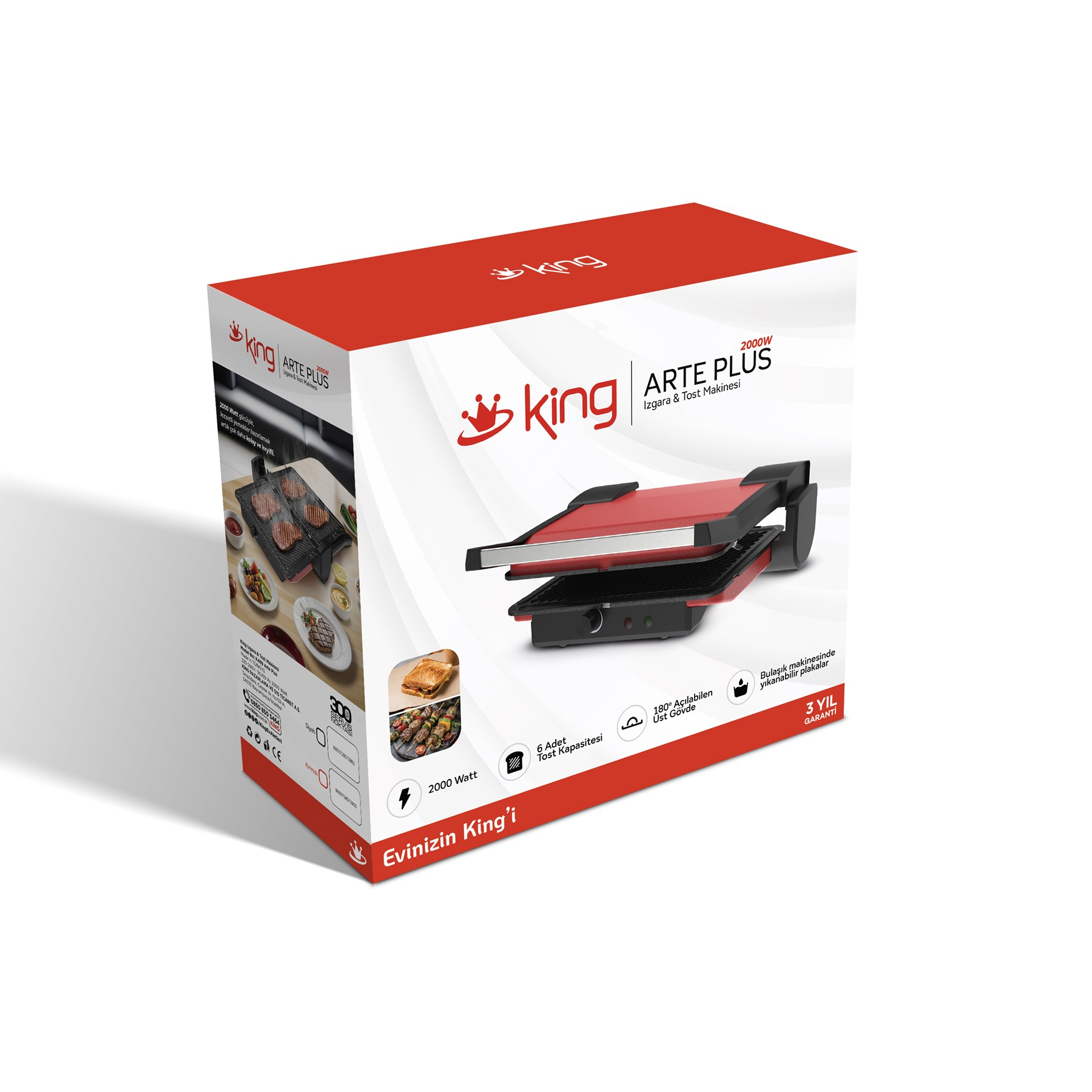 King Arte Plus ızgara ve tost makinesi, 2000W, 6 dilim kapasiteli, 180° açılabilir.