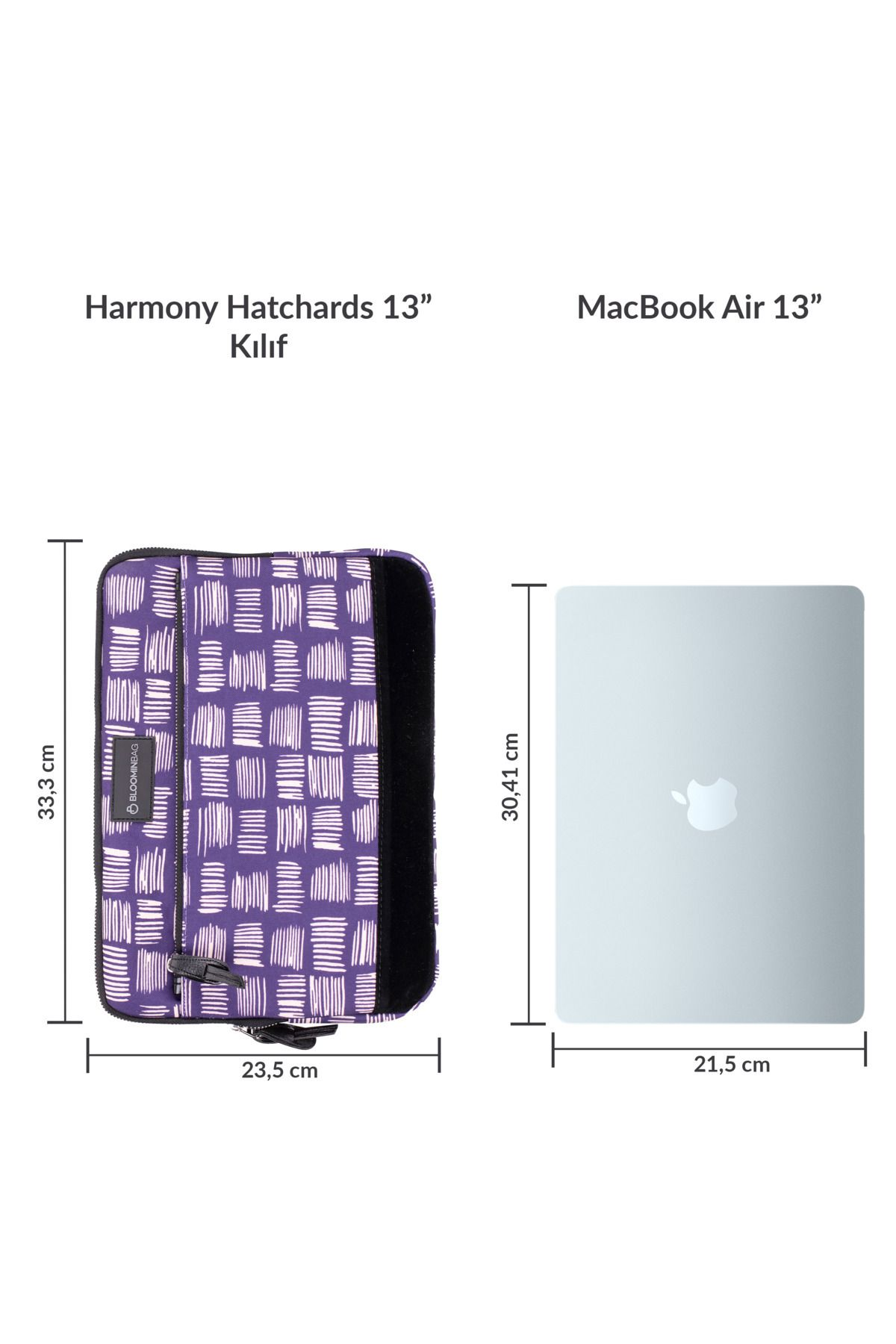 Beyaz desenli mor kılıf, 13 inç MacBook Air yanında. Boyutlar gösteriliyor.