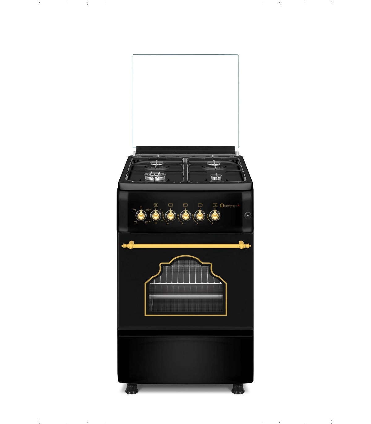Una estufa de gas negra con cuatro quemadores, tapa de cristal y puerta de horno.