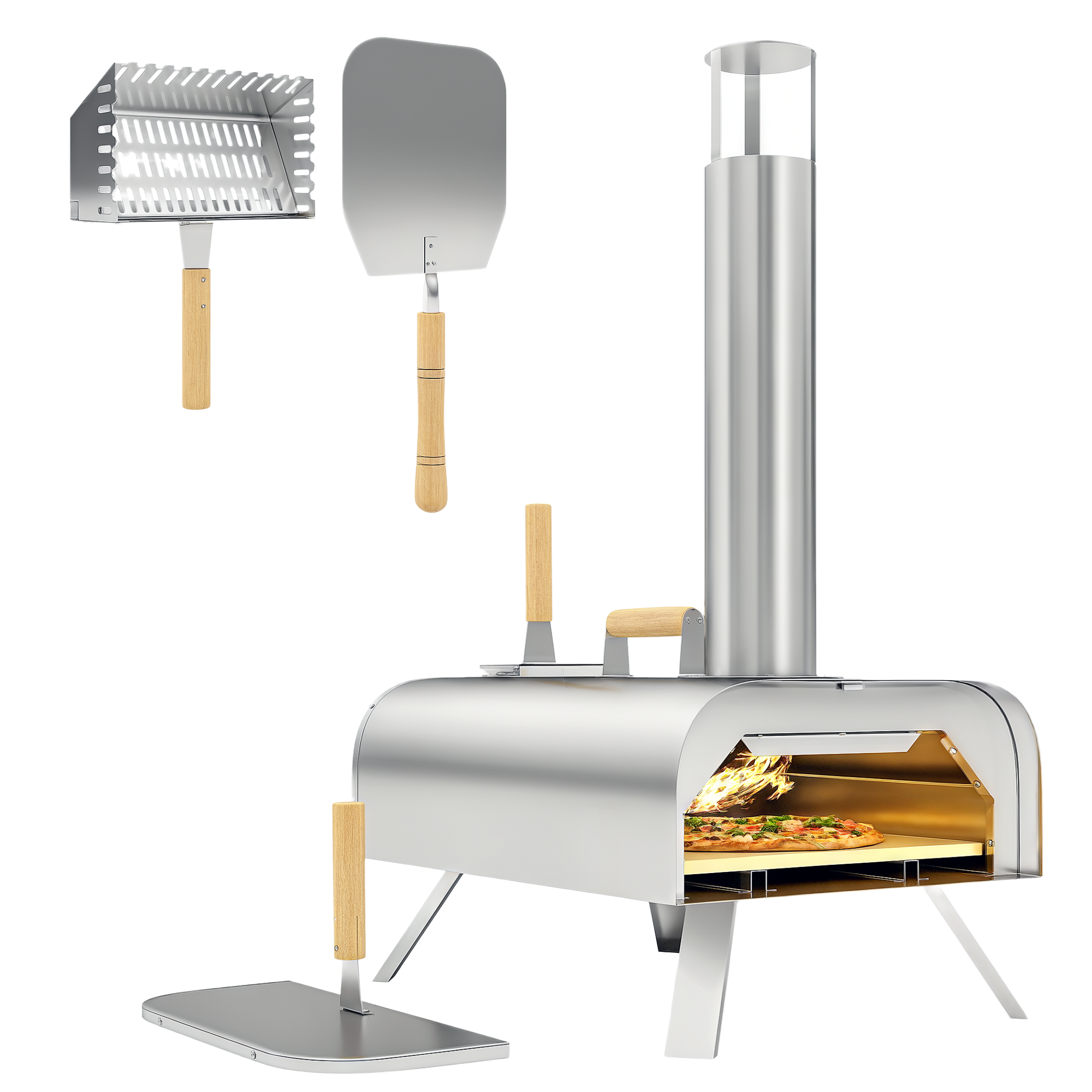 Forno per pizza argentato con pizza all'interno e tre attrezzi per pizza con manici in legno.