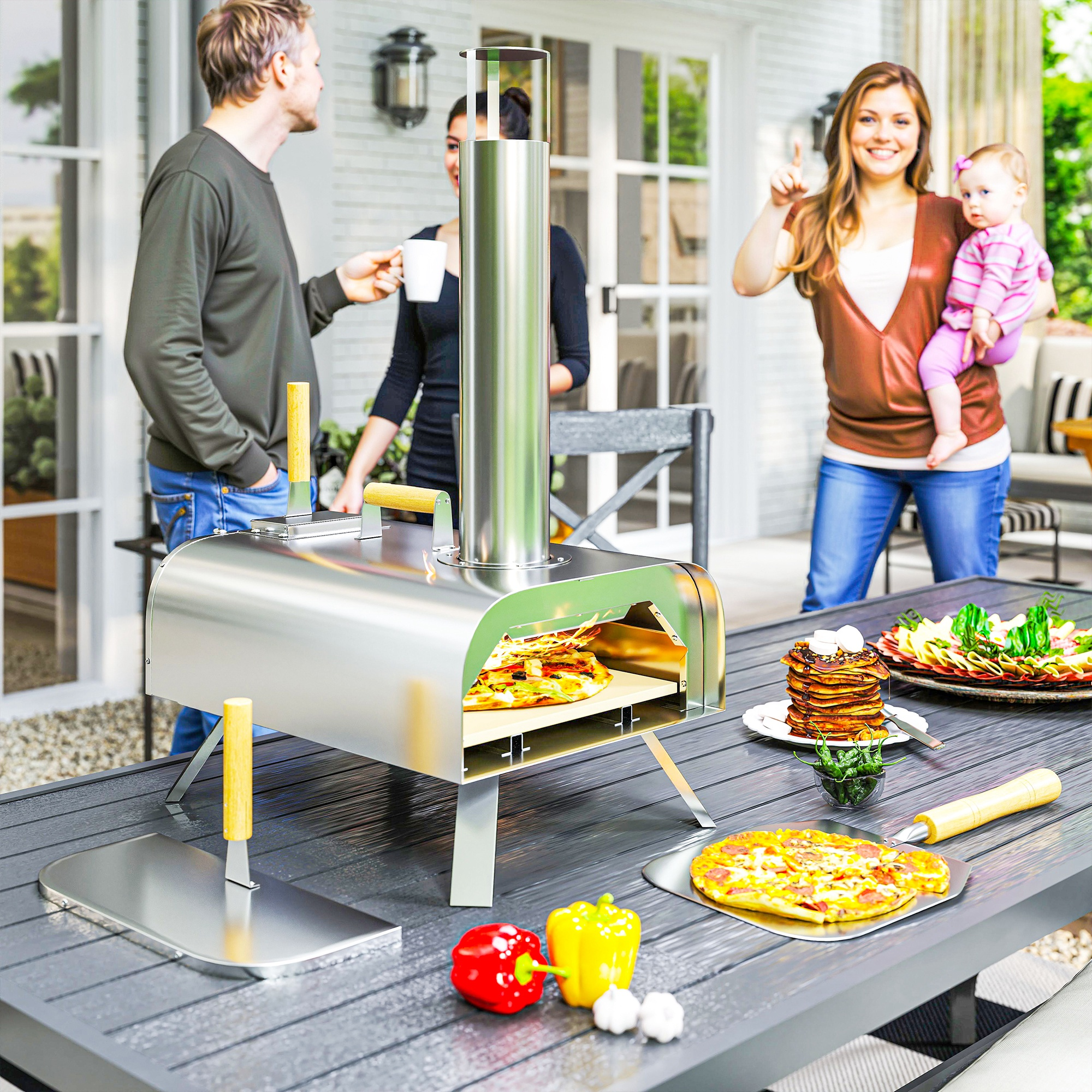Persone gustano pizza all'aperto con forno, pancake e stuzzichini.