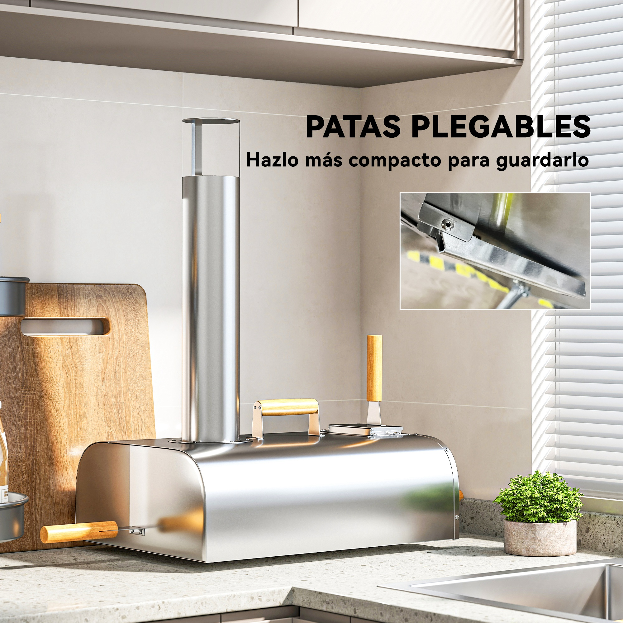 Un horno plateado con mangos de madera está sobre una encimera junto a una tabla de cortar.