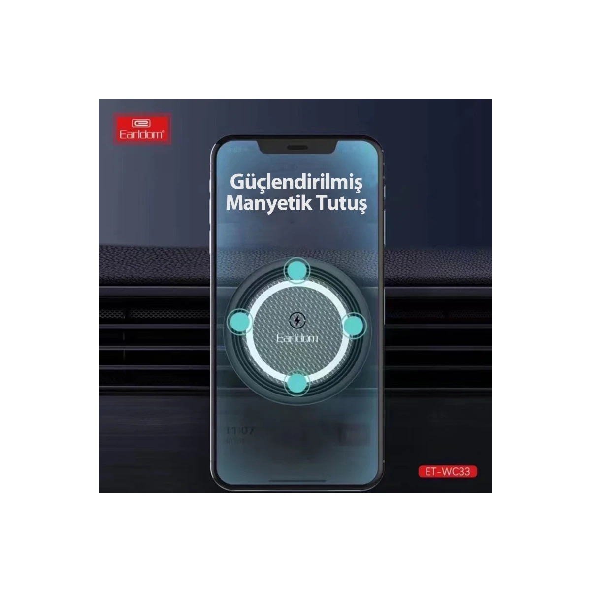 Akıllı telefon, mavi vurgular ve Earldom logosuyla manyetik bir tutucu sergiliyor.
