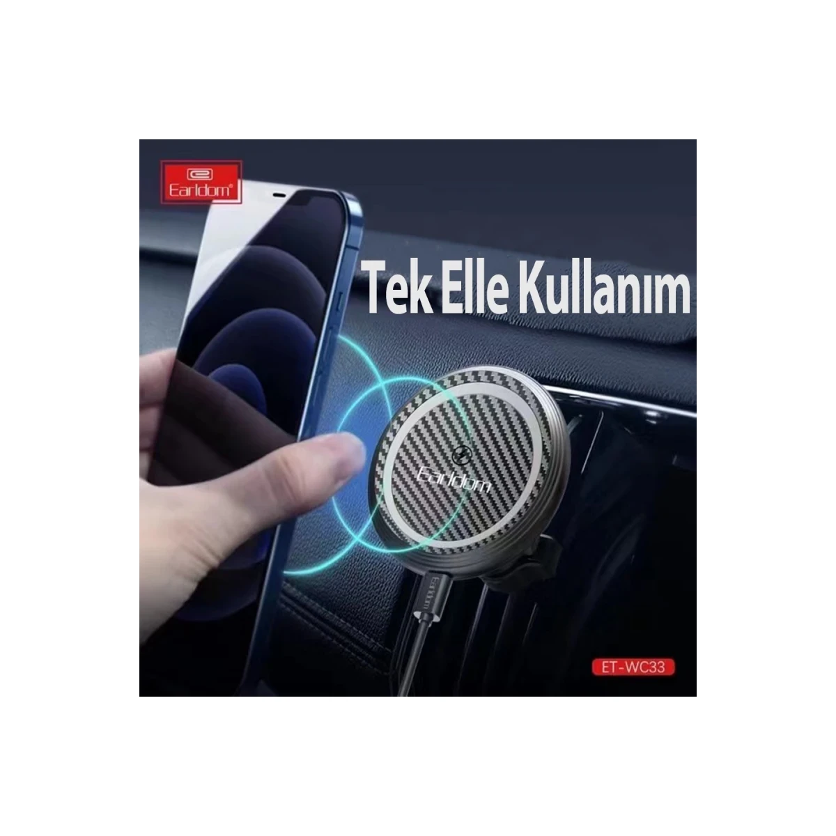 Bir el, yuvarlak, manyetik araç şarj cihazının yanında bir akıllı telefon tutuyor.