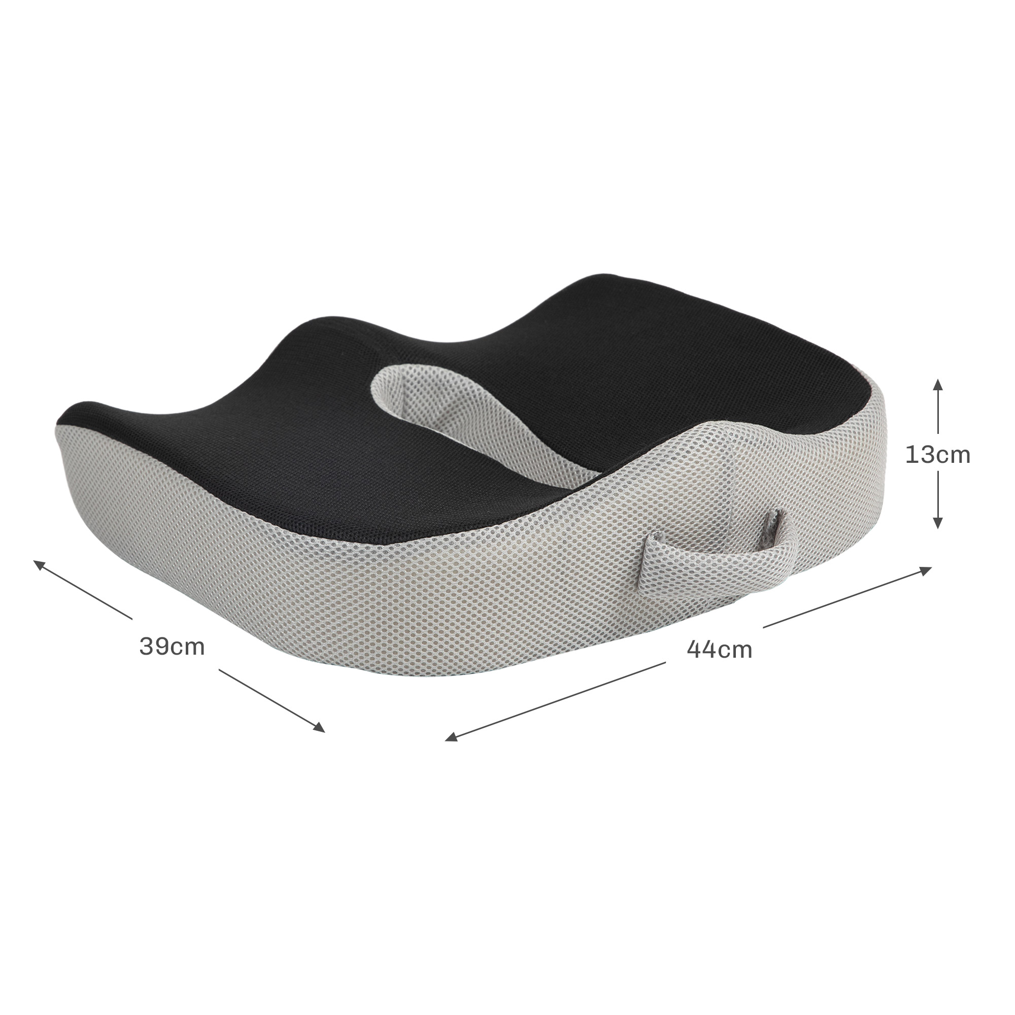 Cojín ergonómico para asiento, negro/gris, 39x44x13cm, con asa.