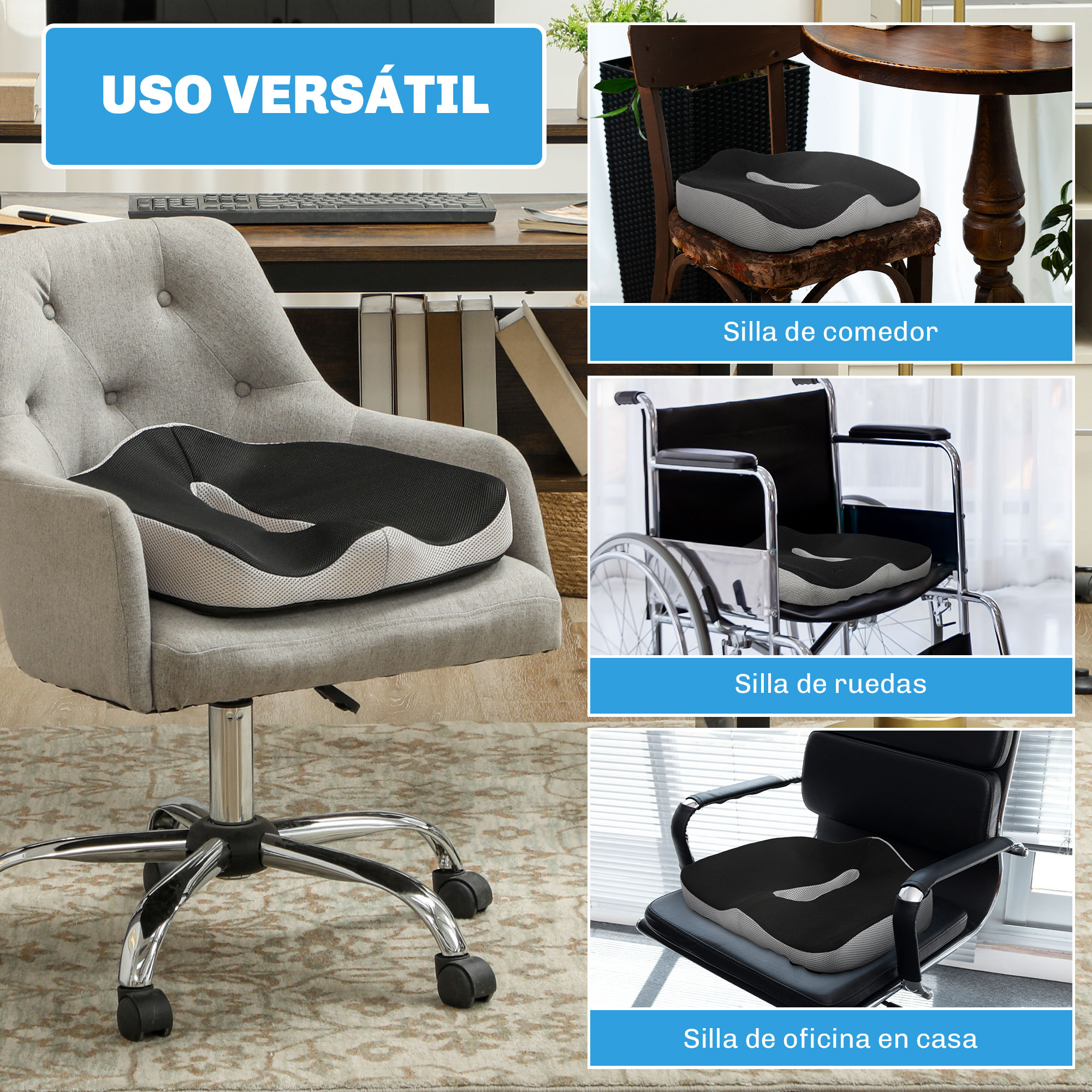 Un cojín de asiento negro y gris en varias sillas y una silla de ruedas.