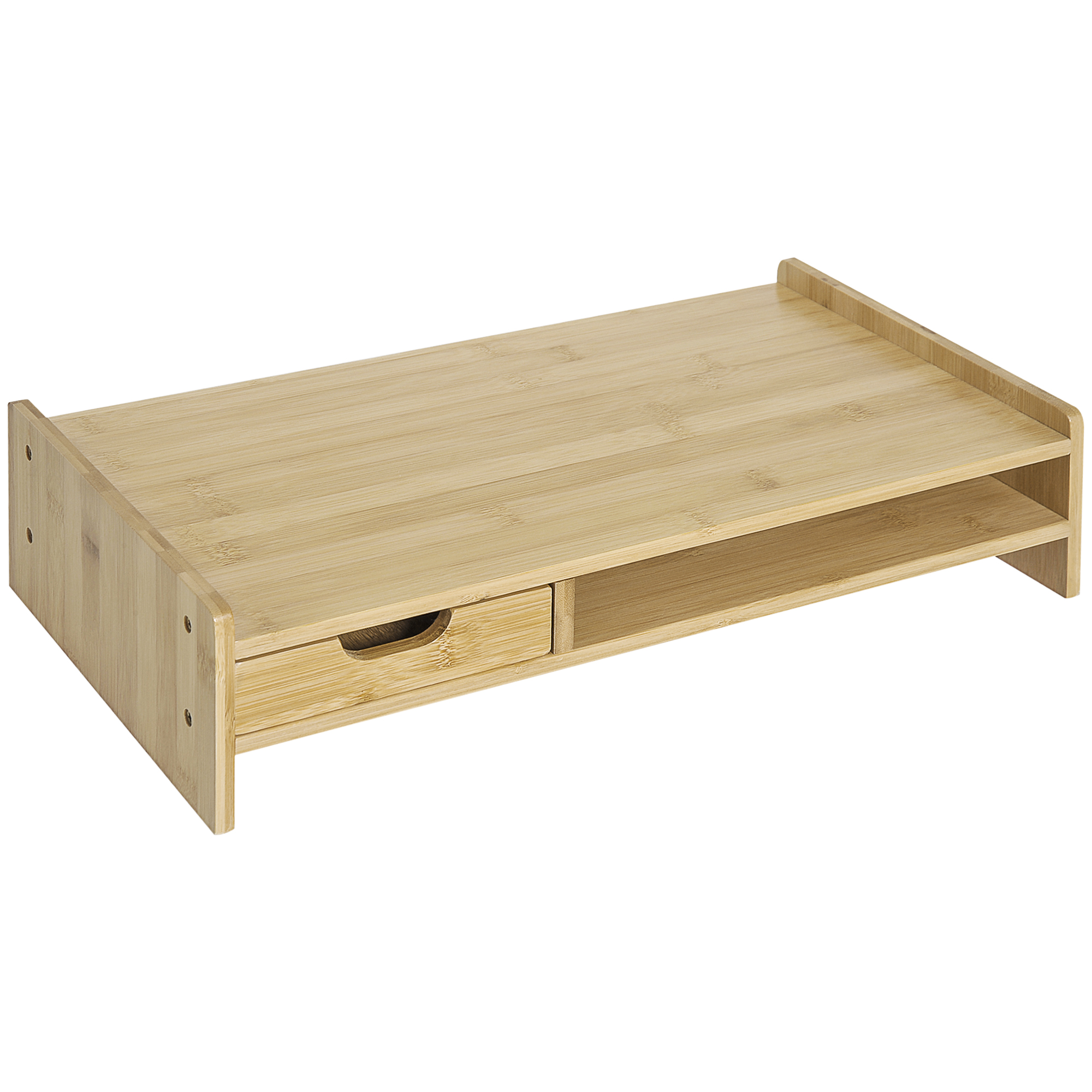 Un supporto per monitor in legno con un cassetto e una mensola aperta.