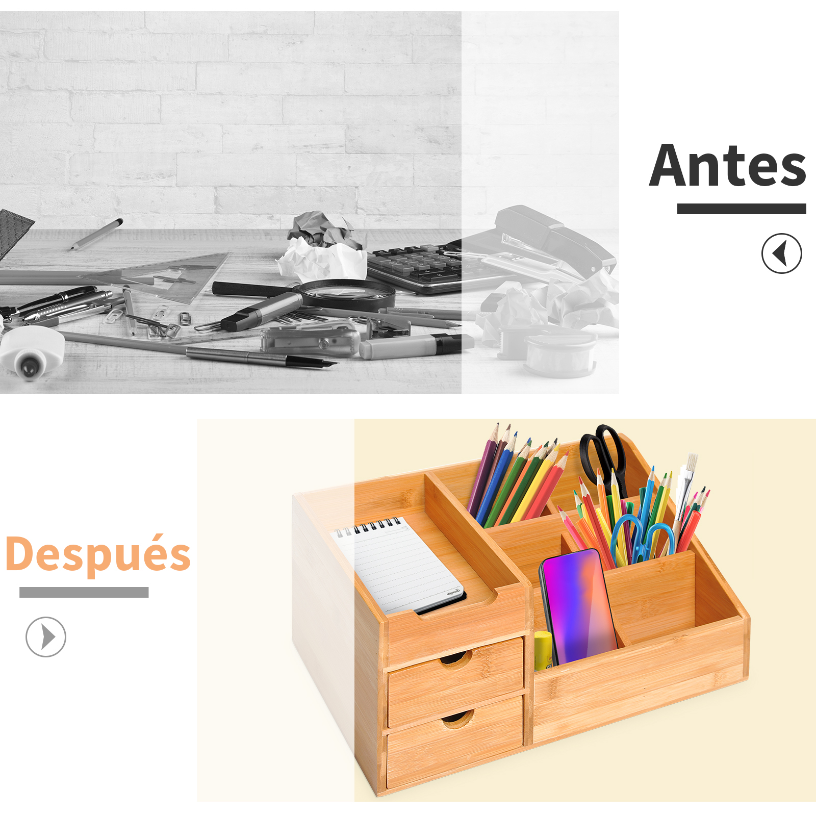 Antes: escritorio desordenado. Después: organizador de escritorio de bambú ordenado con bolígrafos, teléfono y cuaderno.