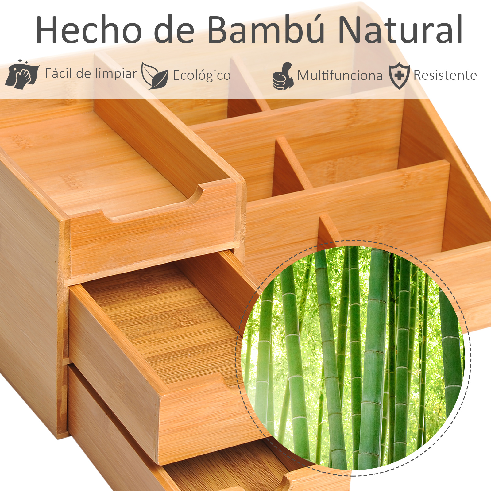 Organizador de bambú con cajones y compartimentos. Tallos de bambú verdes en círculo.