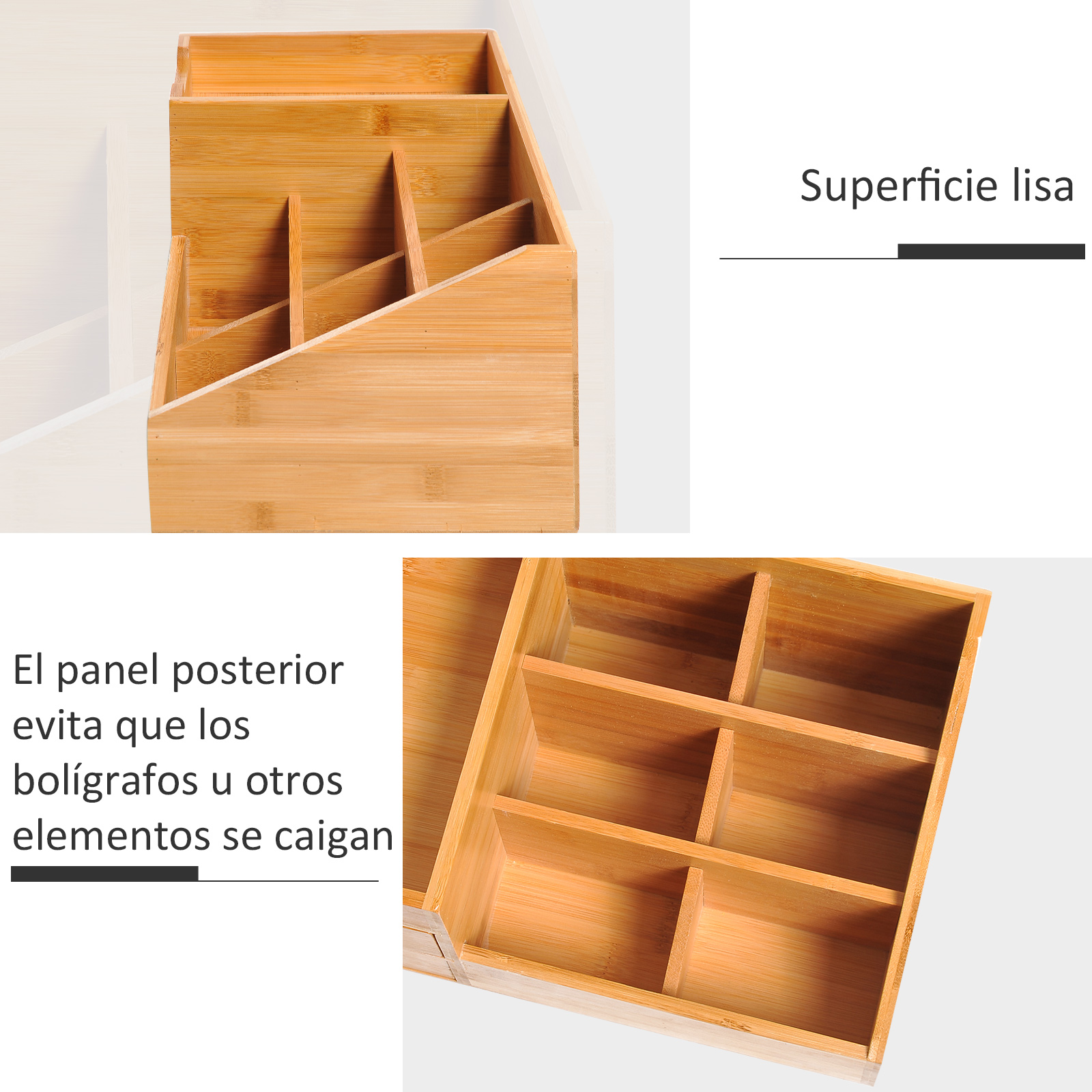 Un organizador de escritorio de madera con varios compartimentos.