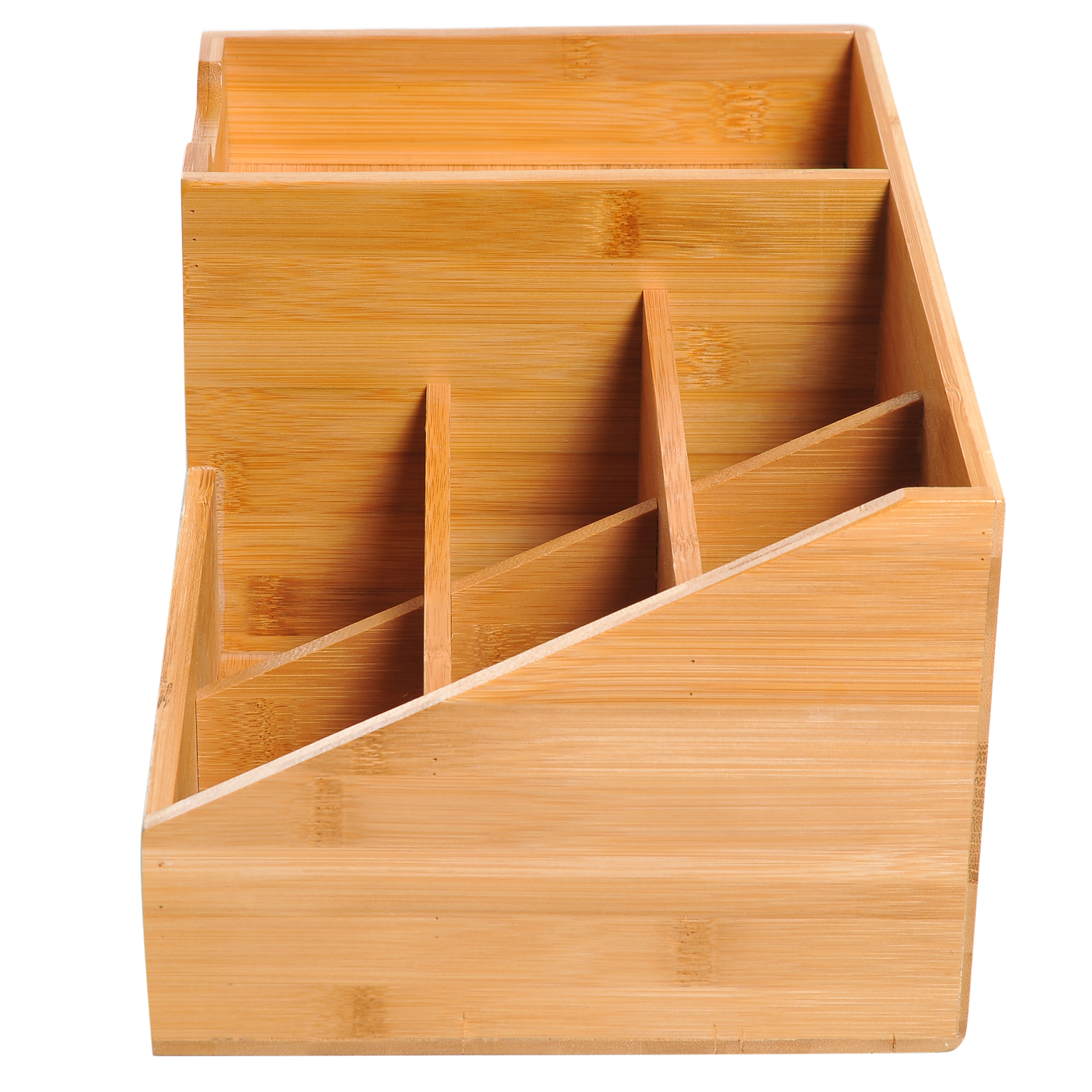 Un organizador de escritorio de madera con varios compartimentos de bambú.