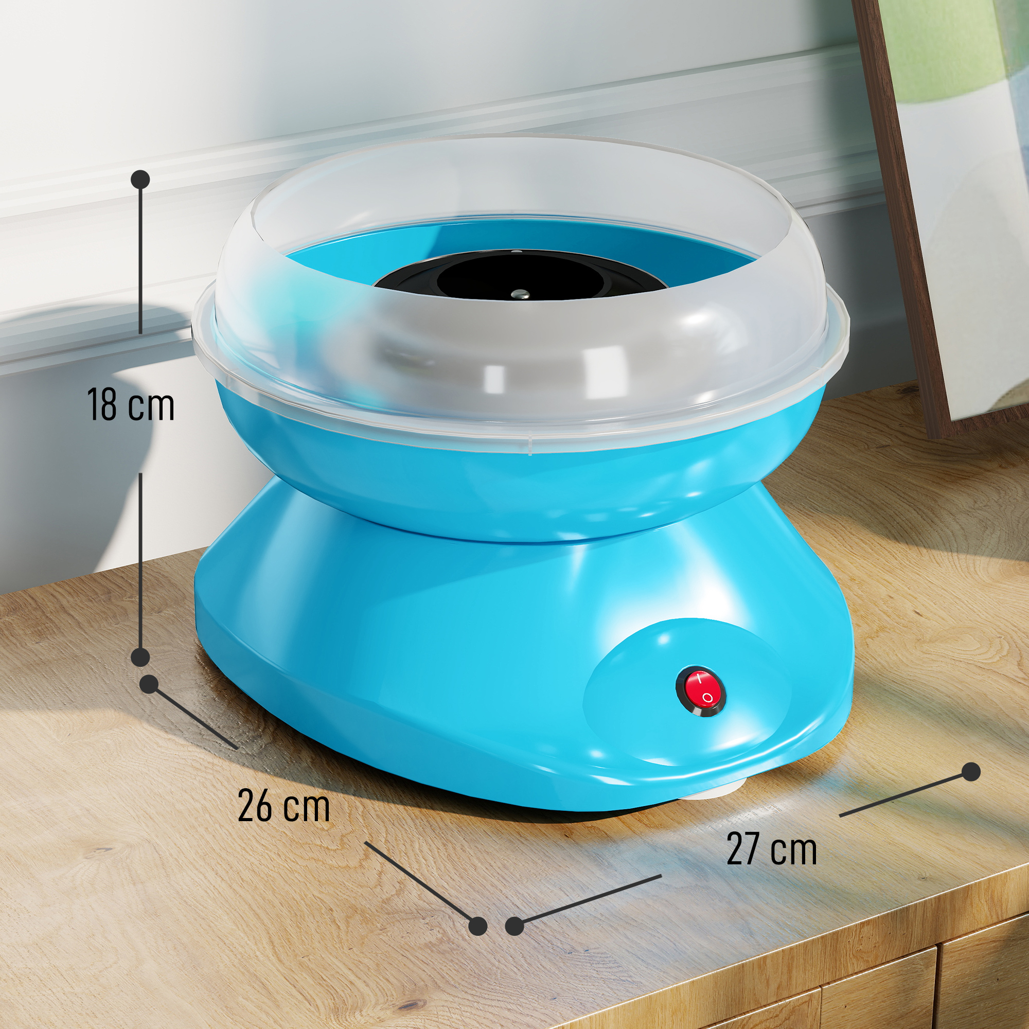 Una máquina de algodón de azúcar azul con tapa transparente y un interruptor rojo.