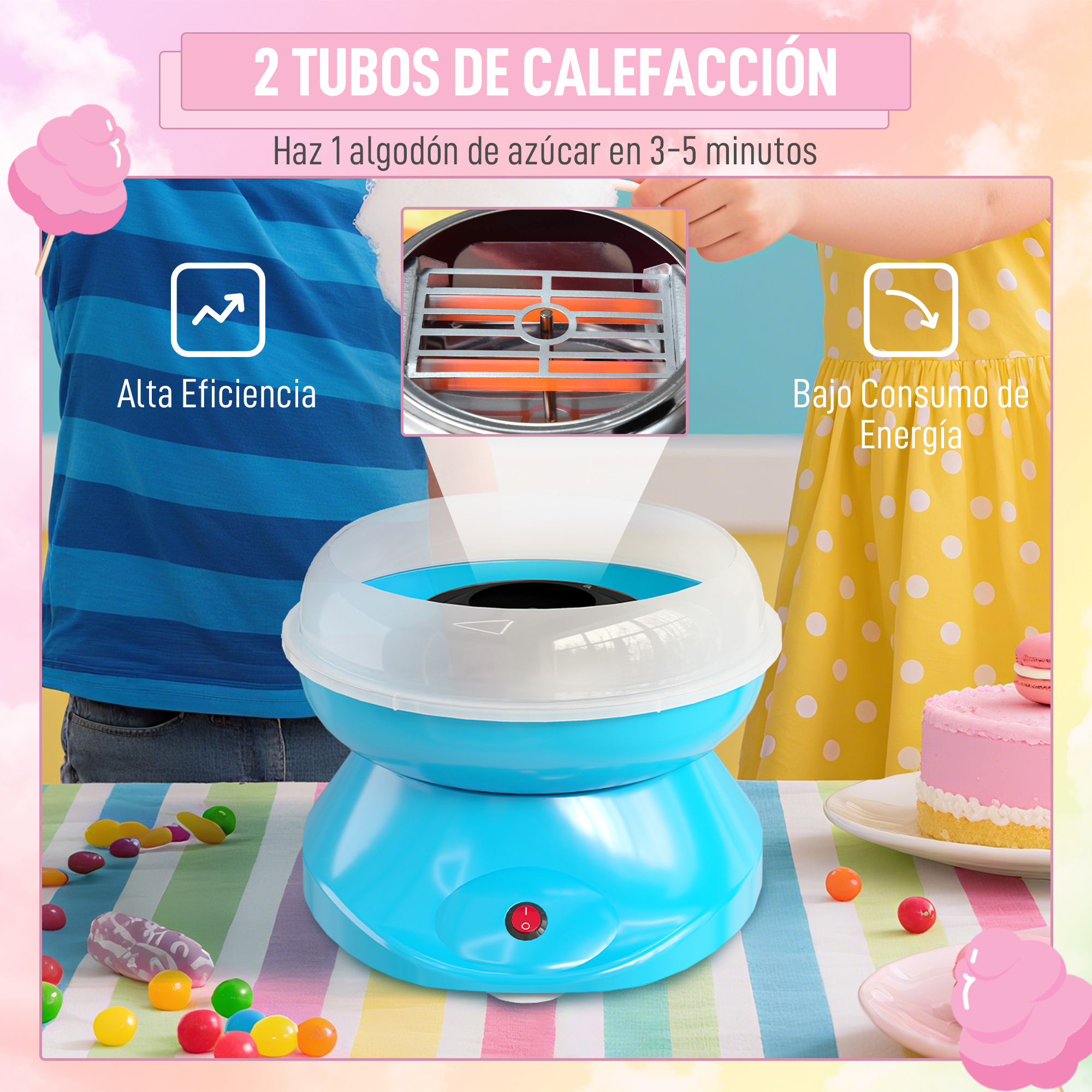 Una máquina de algodón de azúcar azul sobre una mesa a rayas con dulces.