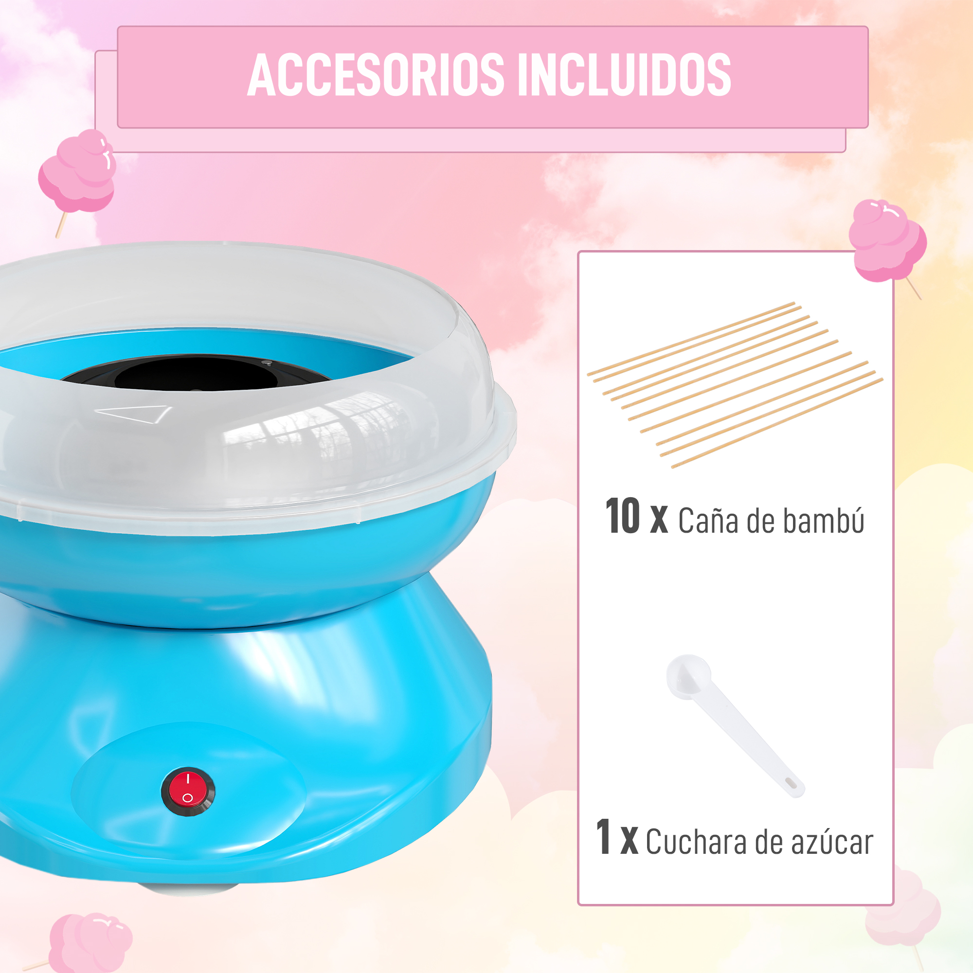 Una máquina de algodón de azúcar azul con accesorios: 10 palitos de bambú y una cuchara.