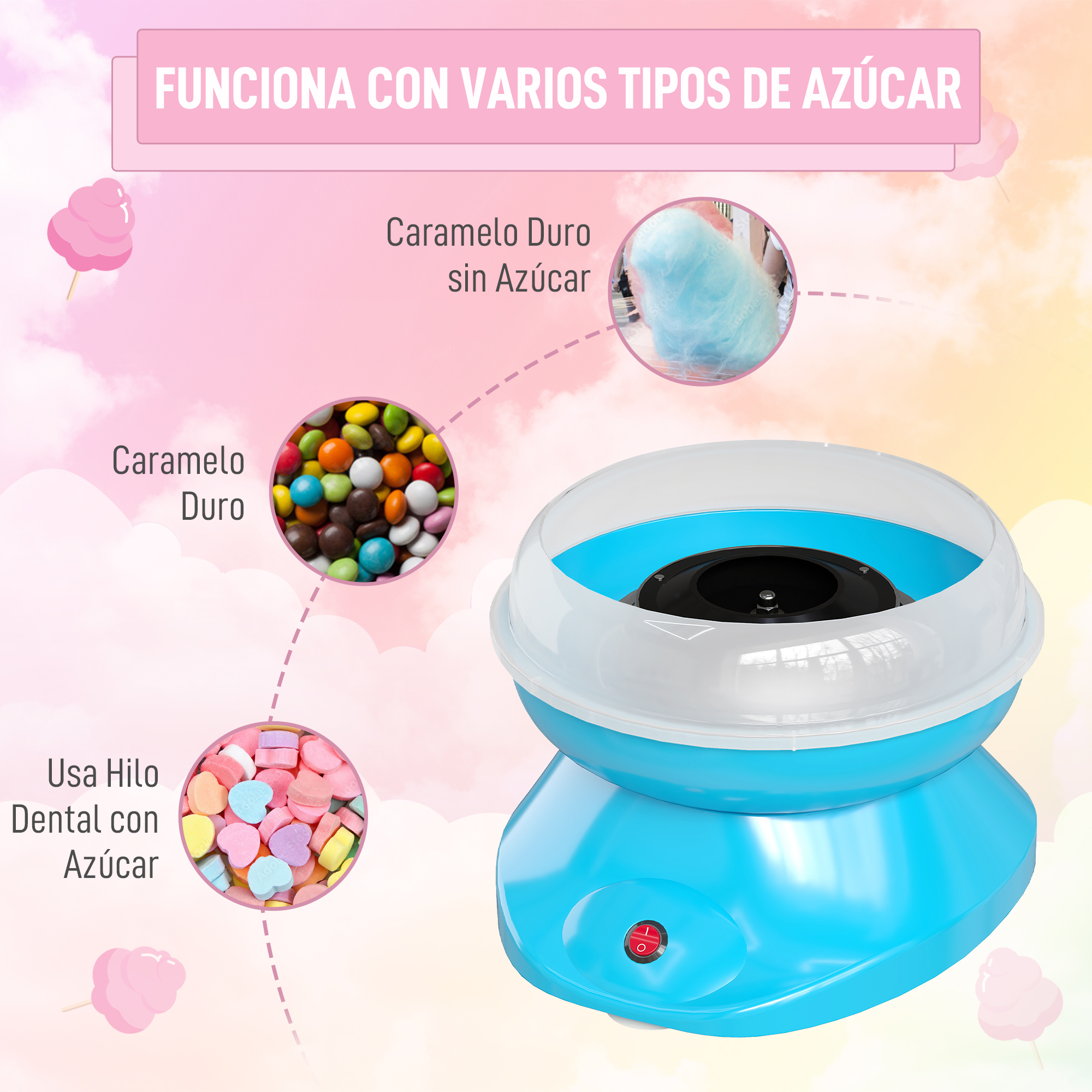 Máquina de algodón de azúcar azul con varios tipos de azúcar y caramelos.