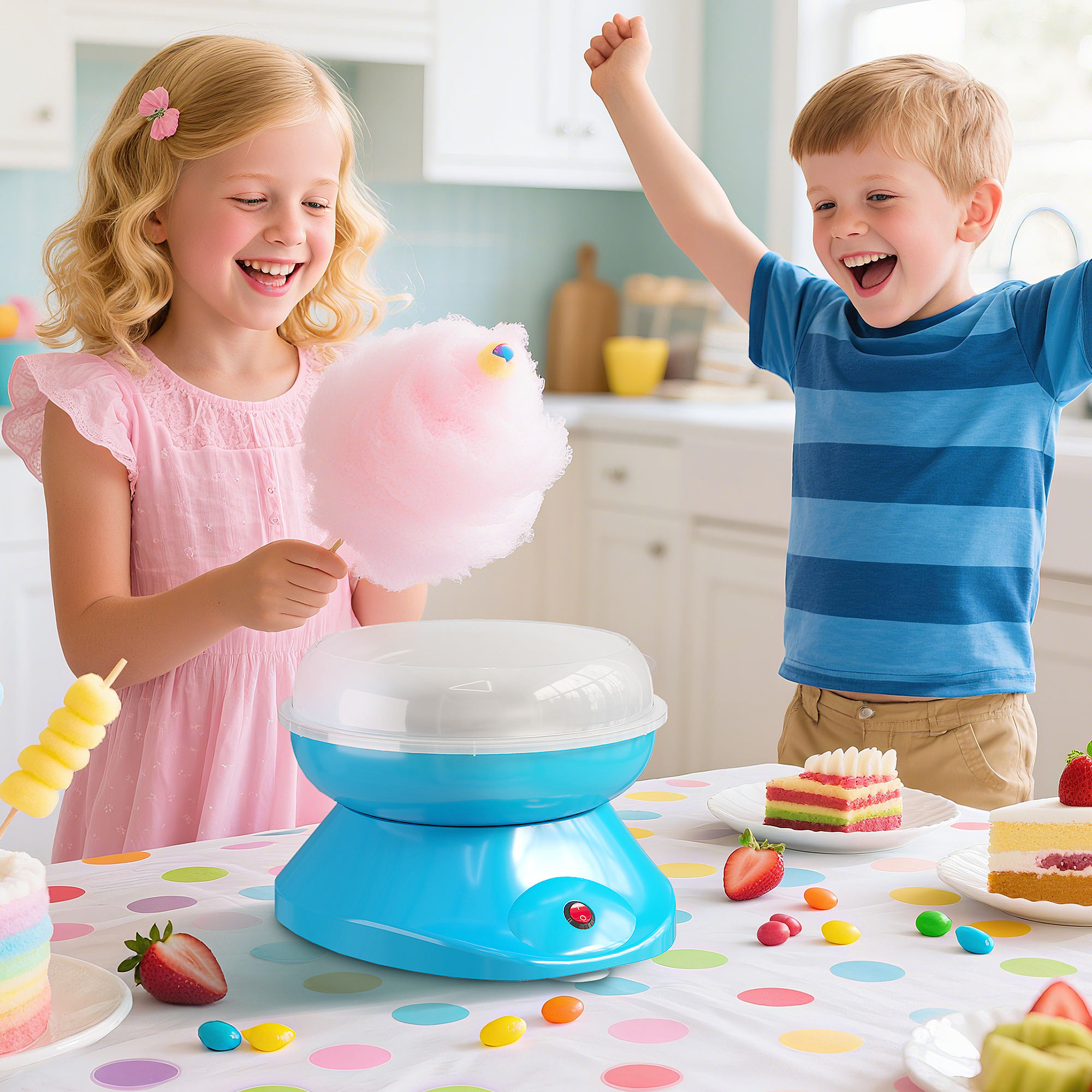 Dos niños felices hacen algodón de azúcar junto a pastel y fruta.