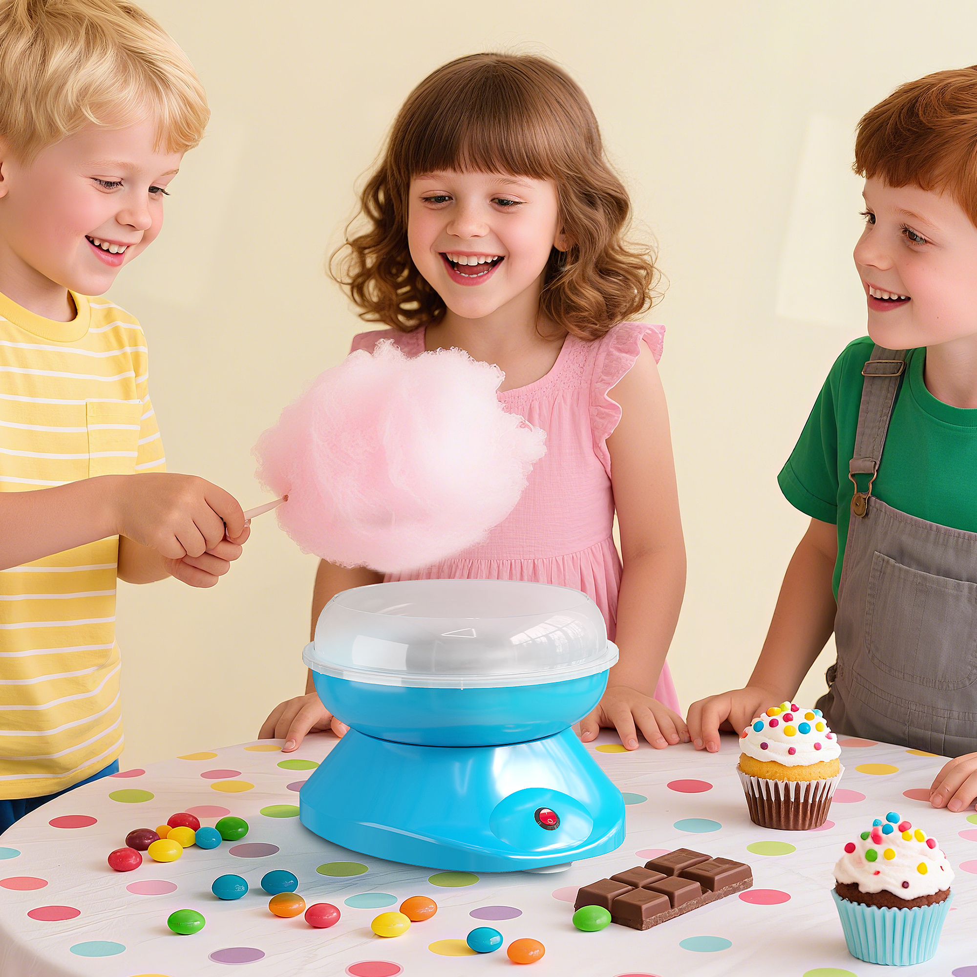 Tres niños hacen algodón de azúcar en una mesa con dulces y pastelitos.
