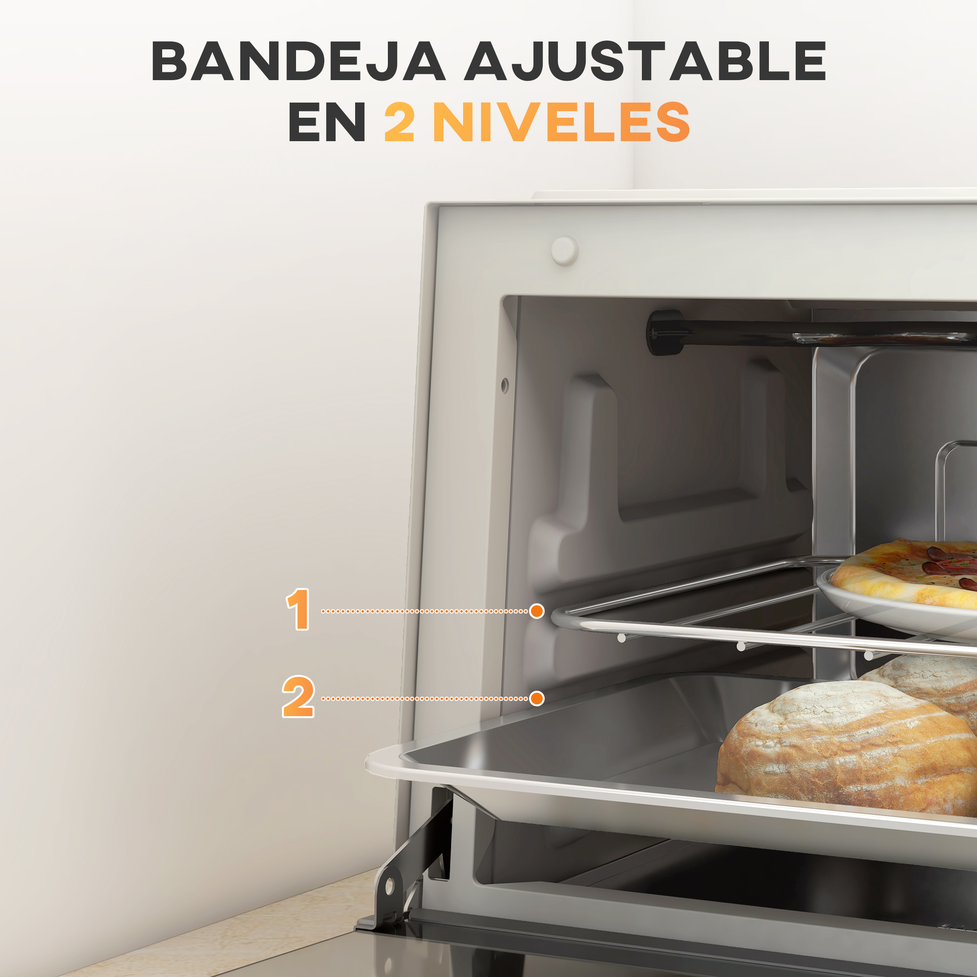 Un horno tostador de dos niveles con pizza y pan.