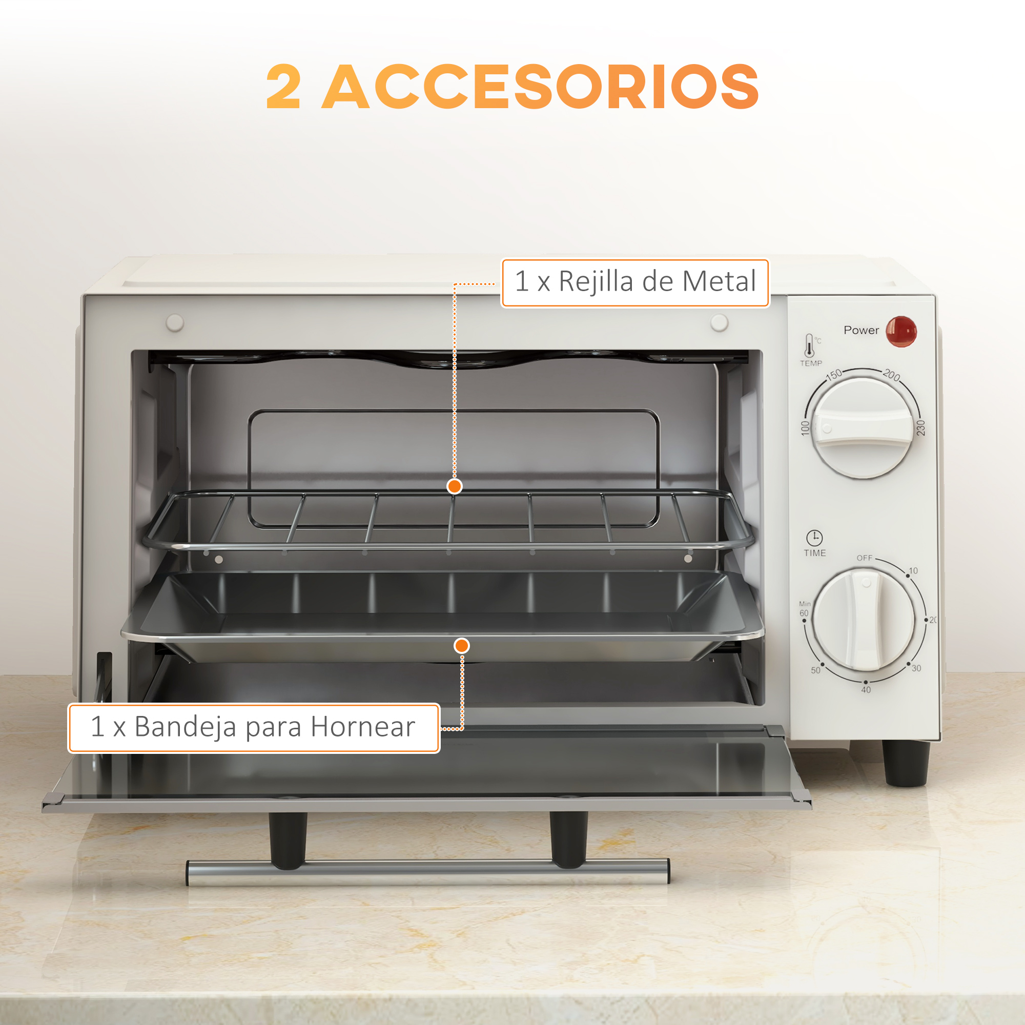 Un horno de sobremesa blanco con rejilla metálica y bandeja para hornear.