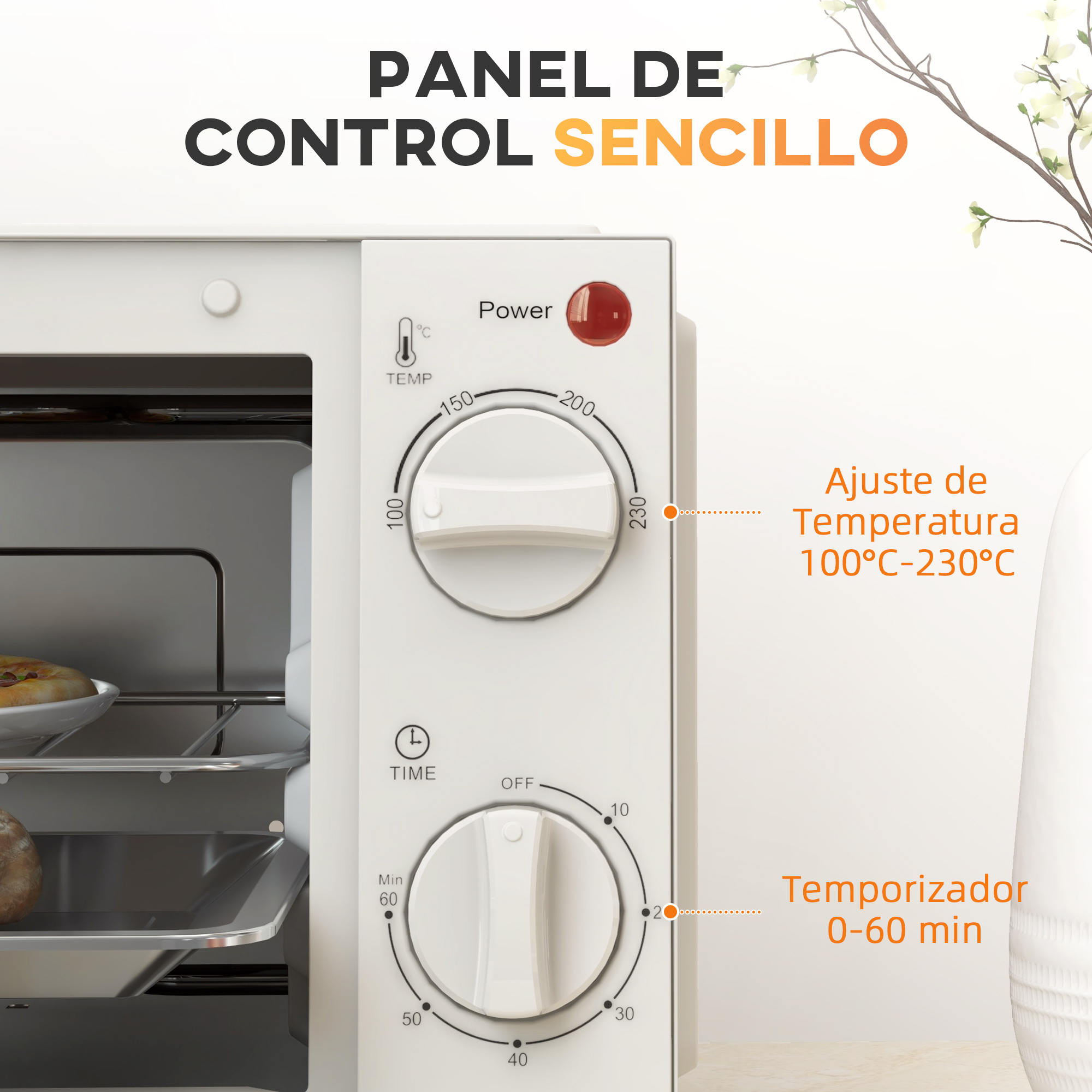 Horno blanco con diales de temperatura y temporizador. Luz roja de encendido.