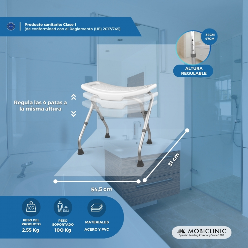 Un taburete de ducha blanco con patas ajustables en un baño. Se indican las medidas.
