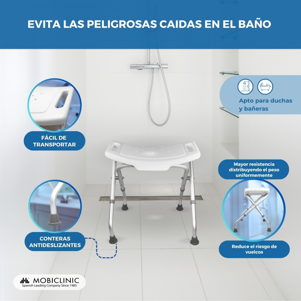 Un taburete de ducha blanco con patas ajustables está en una ducha alicatada.