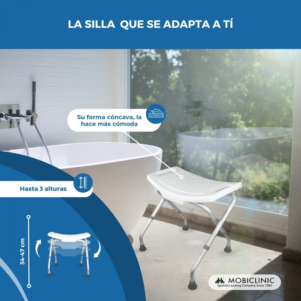 Un taburete de ducha blanco con patas ajustables junto a una bañera.