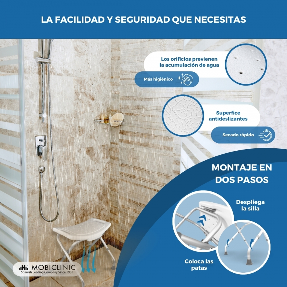 Un taburete de ducha con orificios de drenaje y superficie antideslizante.