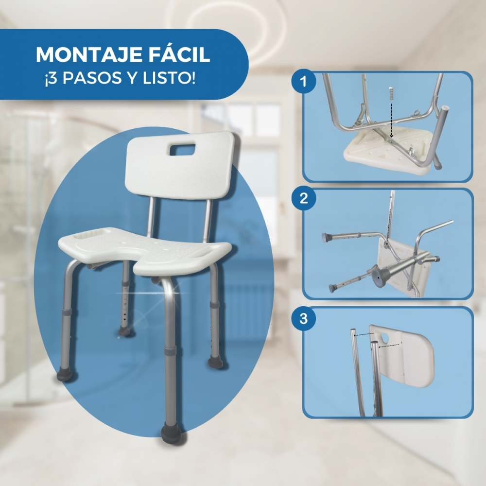Silla de ducha blanca con patas ajustables y guía de montaje de tres pasos.